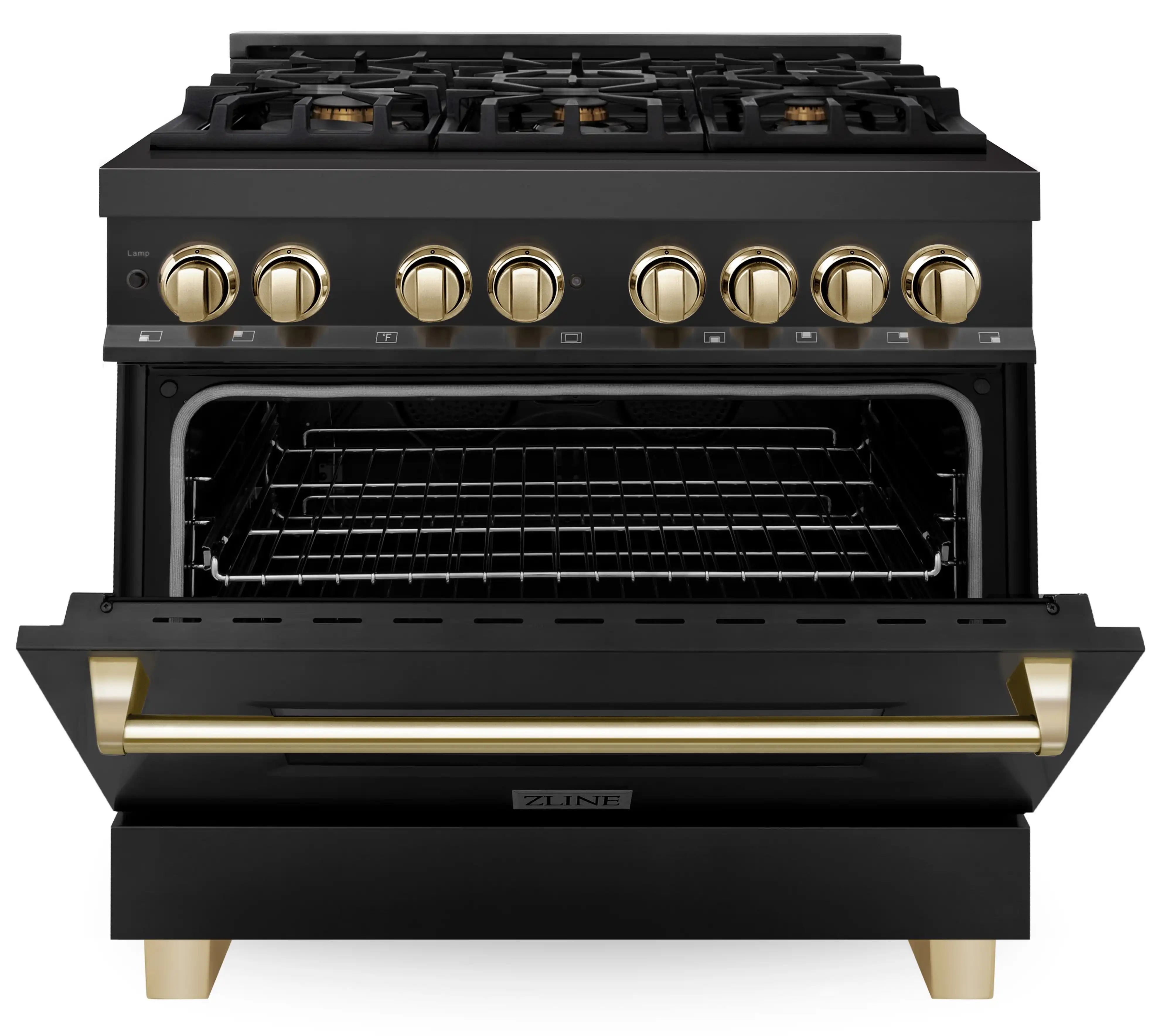 Black dual fuel range front view with gold knobs, oven window, and gold control bar