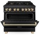 ZLINE 4-Piece Appliance Package - 36-Inch Legacy Dual Fuel Range, Wall Mount Range Hood, 36-Inch French Door Refrigerator, Dishwasher, in Black Stainless Steel with Gold Accents