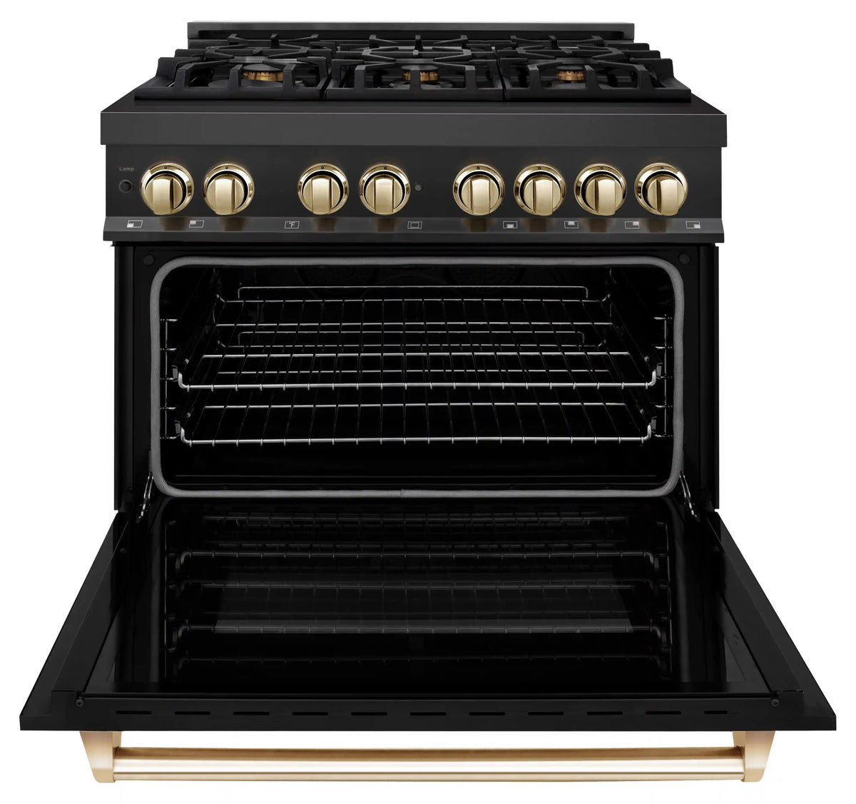 Black dual fuel range with six gas burners and open electric oven, gold knobs