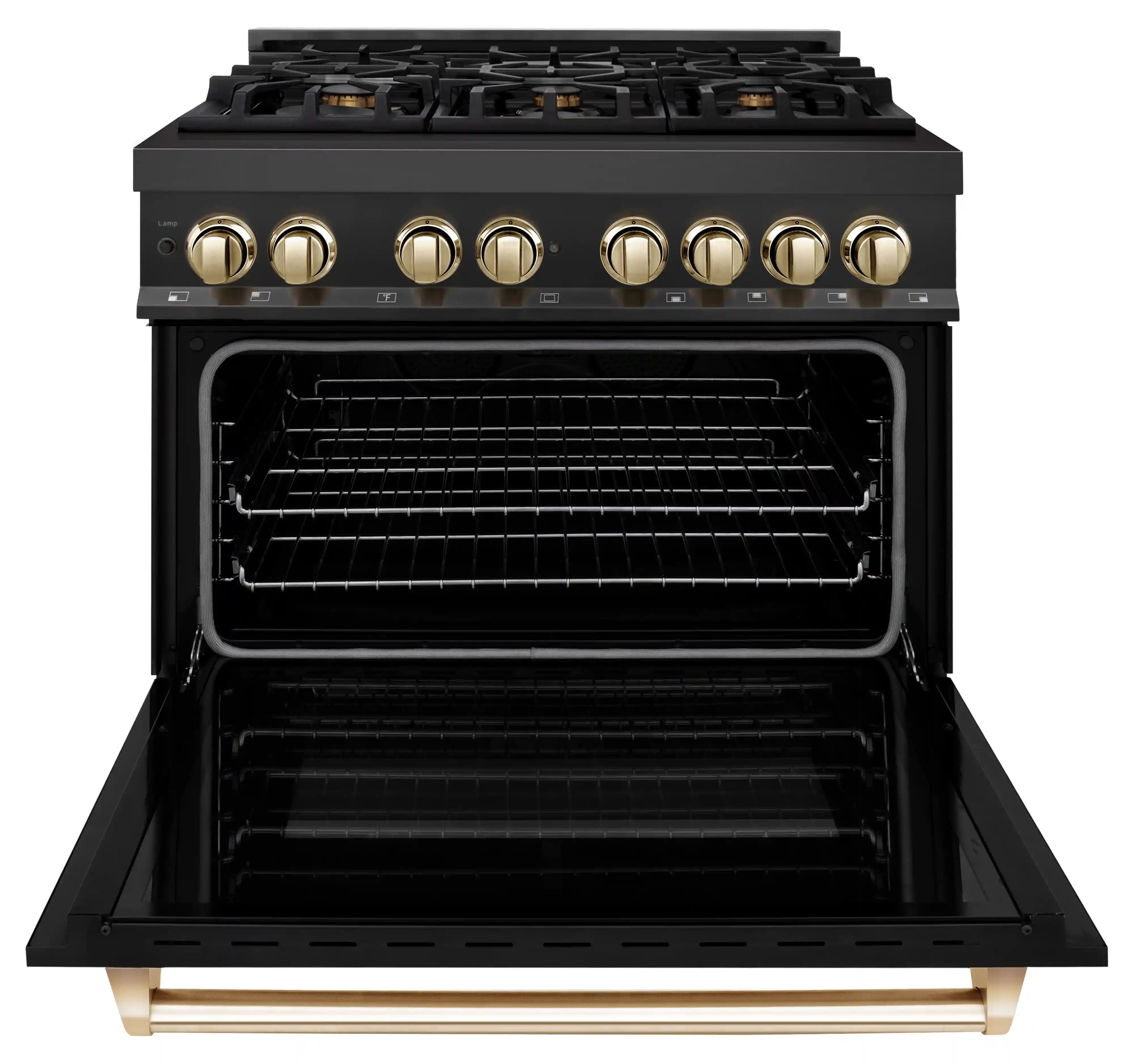 Black dual-fuel range with gold knobs, open oven door showing racks