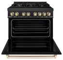 ZLINE 5-Piece Appliance Package - 36-Inch Legacy Dual Fuel Range, Wall Mount Range Hood, 36-Inch French Door Refrigerator with Water Dispenser, Dishwasher, and 30-Inch Microwave Drawer in Black Stainless Steel with Gold Accents