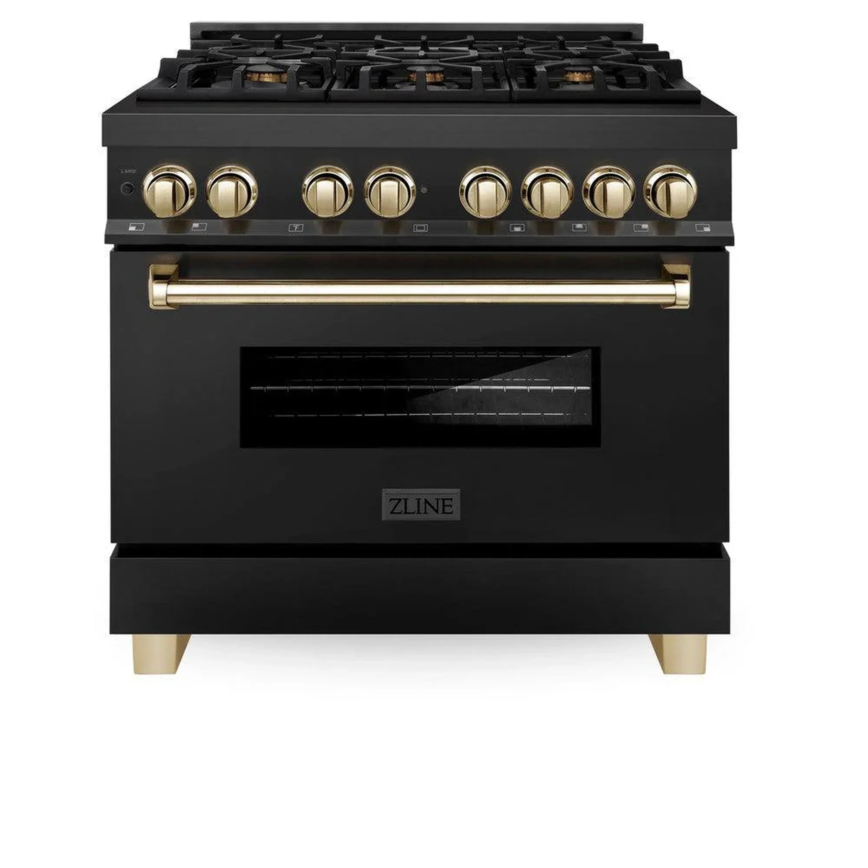 Black dual fuel range with gold control knobs and a centered gold oven handle