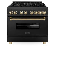 ZLINE Legacy Series Autograph Edition 36-inch Dual Fuel Range with 6 Gas Burner Stove and 4.6 Cu. Ft. Electric Oven in Black Stainless Steel with Gold Accents (RABZ-36-G)