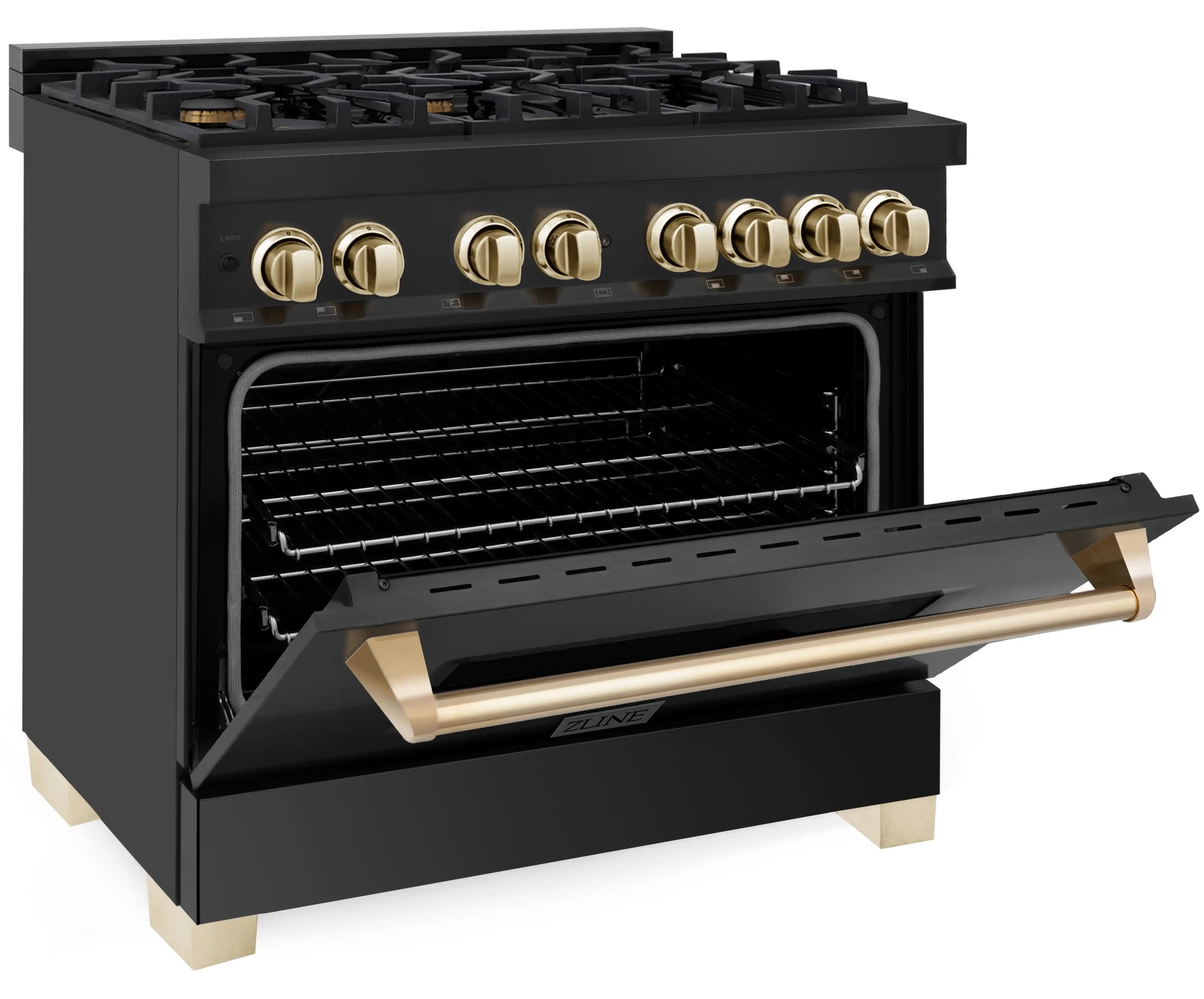 Black dual-fuel range with open oven door and gold handle, side-front angle.