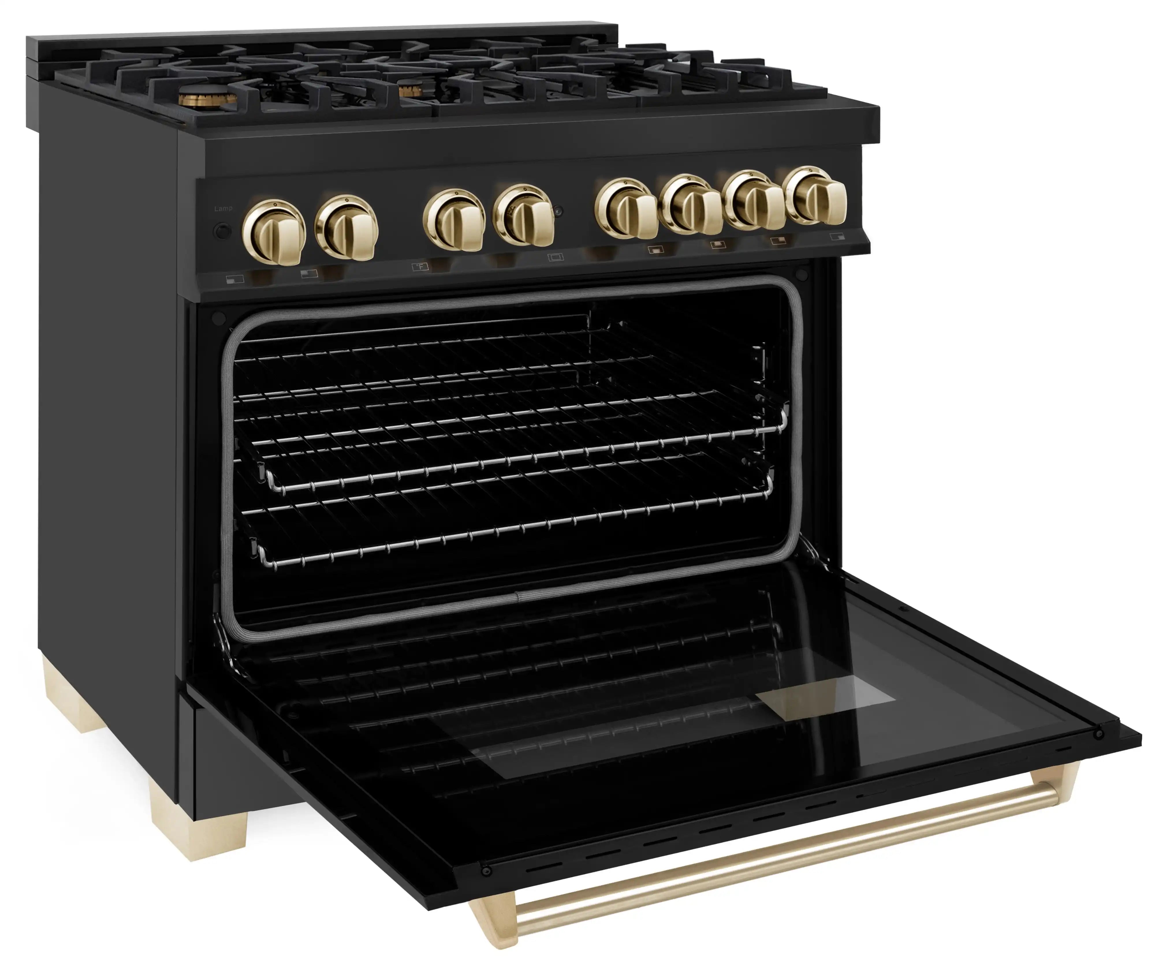 Black dual fuel range with open oven door showing racks and gold control accents