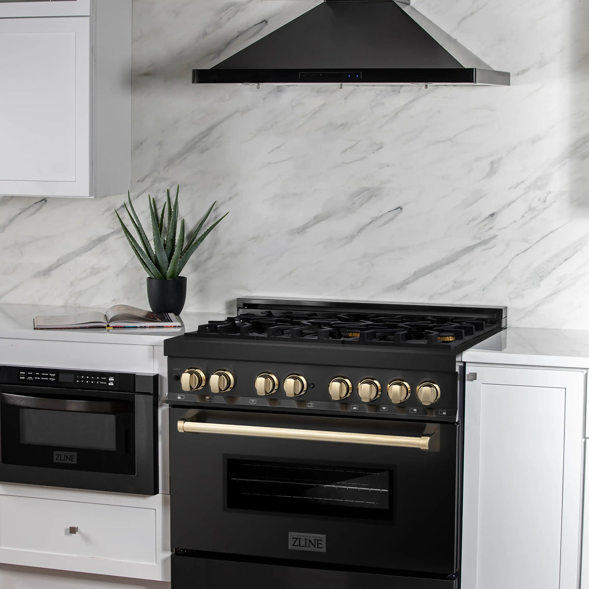 Black stainless dual-fuel range with gold knobs, glass oven door, and six-burner top