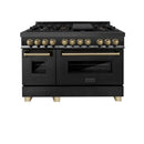ZLINE 5-Piece Appliance Package - 48-Inch Legacy Dual Fuel Range, Wall Mount Range Hood, 36-Inch French Door Refrigerator with Water Dispenser, Dishwasher, and 30-Inch Microwave Drawer in Black Stainless Steel with Champagne Bronze Accents