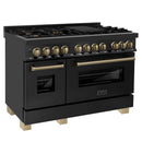 ZLINE 5-Piece Appliance Package - 48-Inch Legacy Dual Fuel Range, Wall Mount Range Hood, 36-Inch French Door Refrigerator with Water Dispenser, Dishwasher, and 30-Inch Microwave Drawer in Black Stainless Steel with Champagne Bronze Accents
