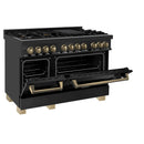 ZLINE 3-Piece Appliance Package - 48-Inch Legacy Dual Fuel Range, 36-Inch French Door Refrigerator, Dishwasher, in Black Stainless Steel with Champagne Bronze Accents