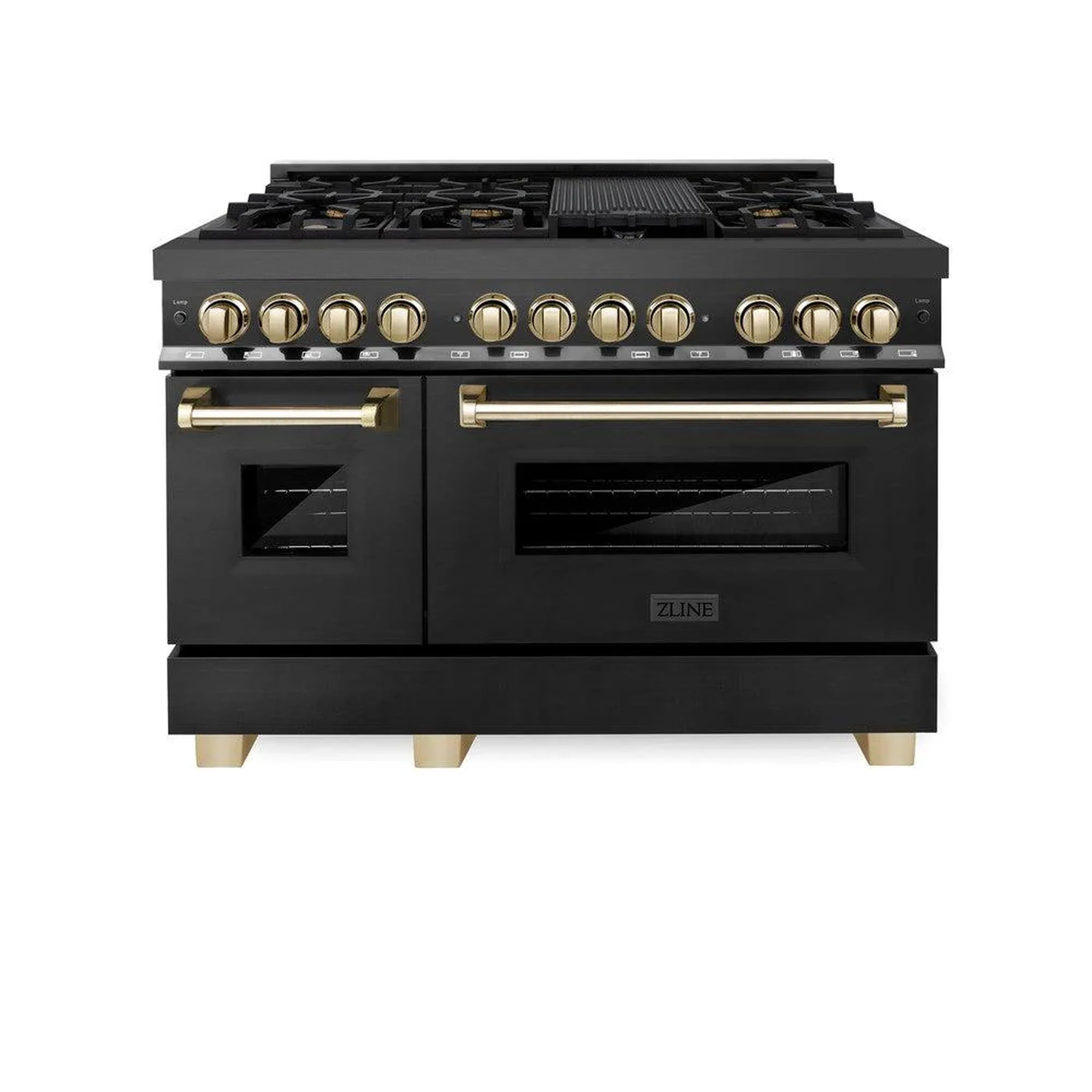 Black dual fuel range with gold knobs, 7 gas burners, and electric oven doors