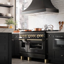 ZLINE 5-Piece Appliance Package - 48-Inch Legacy Dual Fuel Range, Wall Mount Range Hood, 36-Inch French Door Refrigerator, Dishwasher, and 30-Inch Microwave Drawer in Black Stainless Steel with Gold Accents