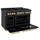 ZLINE 4-Piece Appliance Package - 48-Inch Legacy Dual Fuel Range, Wall Mount Range Hood, 36-Inch French Door Refrigerator, Dishwasher, in Black Stainless Steel with Gold Accents