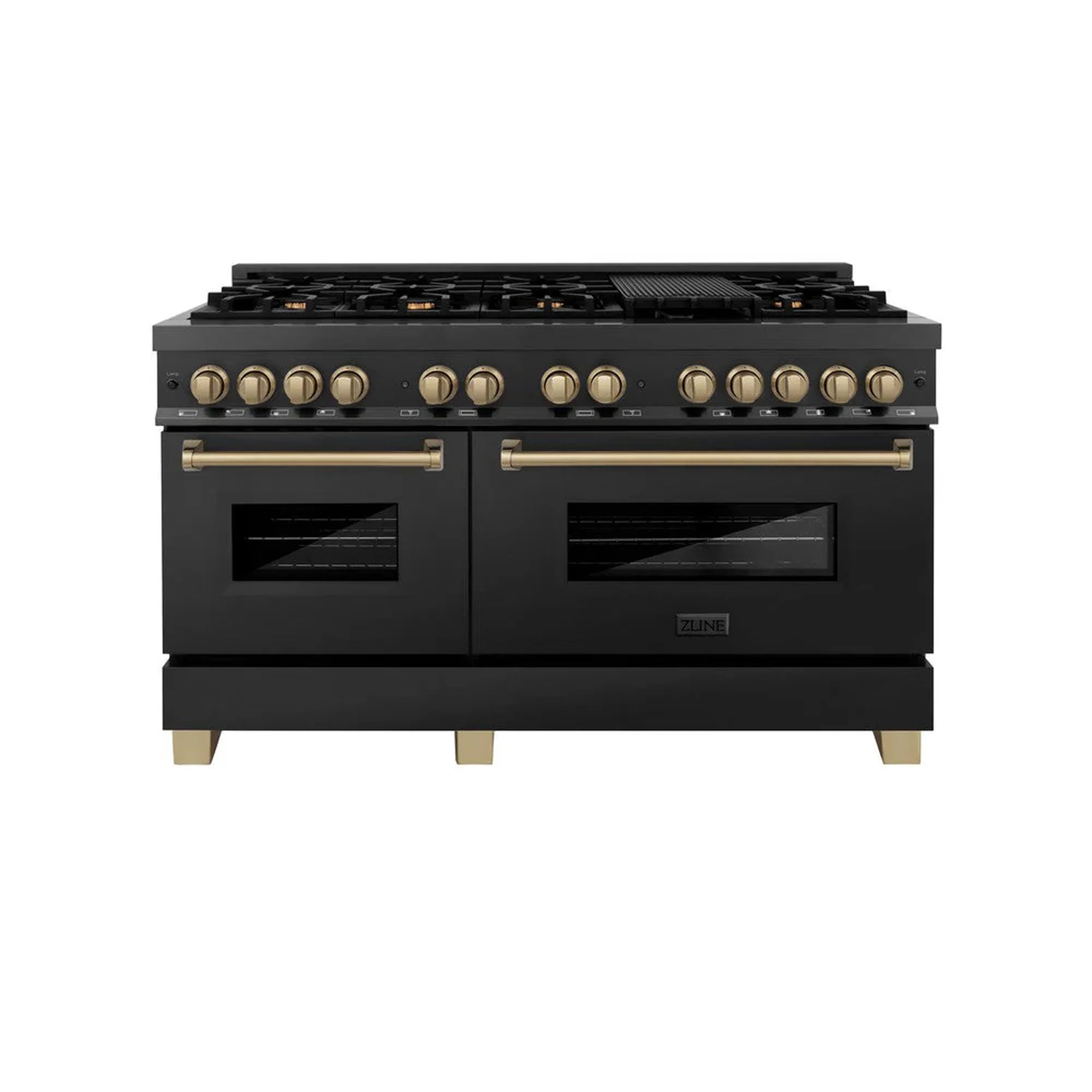 Black dual-fuel range front view with champagne-bronze control knobs and dual oven windows.