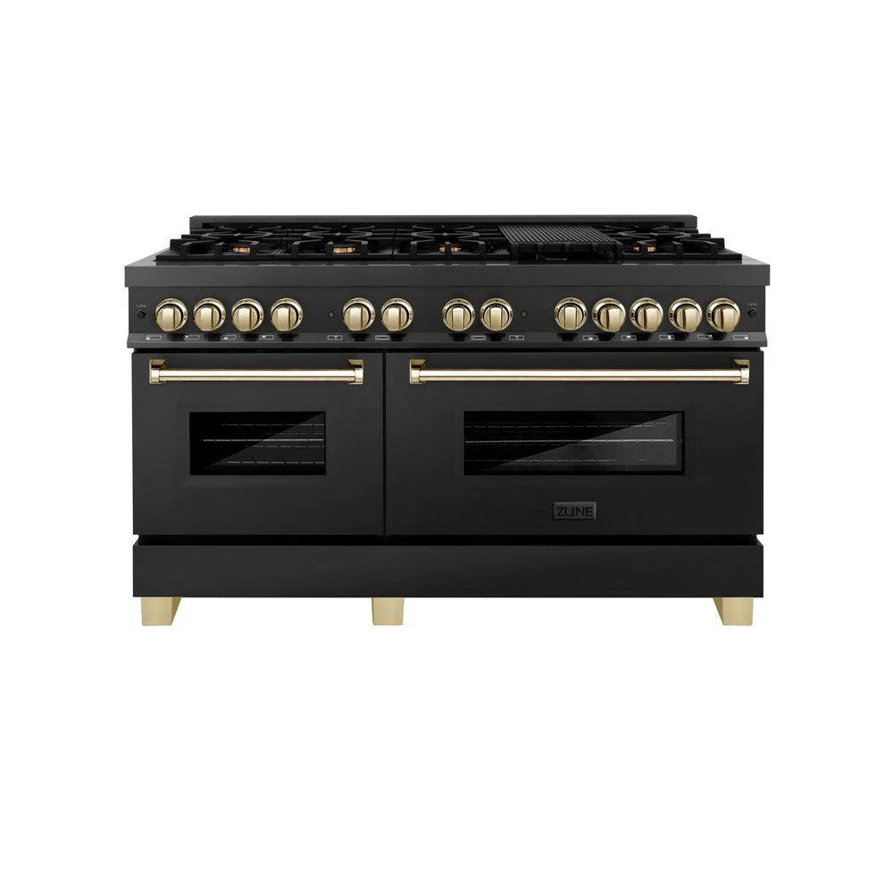 Black dual fuel range with gold knobs and dual oven doors, front view