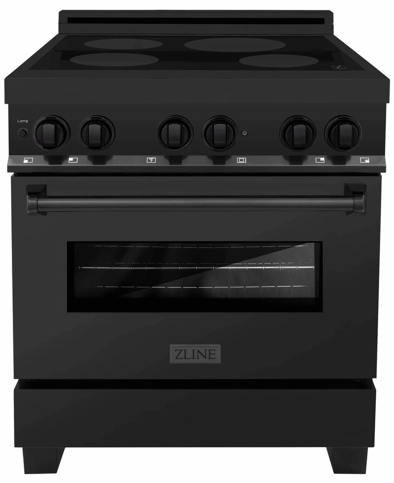 ZLINE 5-Piece Appliance Package - 30-Inch Induction Range, Wall Mount Range Hood, French Door Refrigerator, Dishwasher, and 24-Inch Microwave Oven in Black Stainless Steel