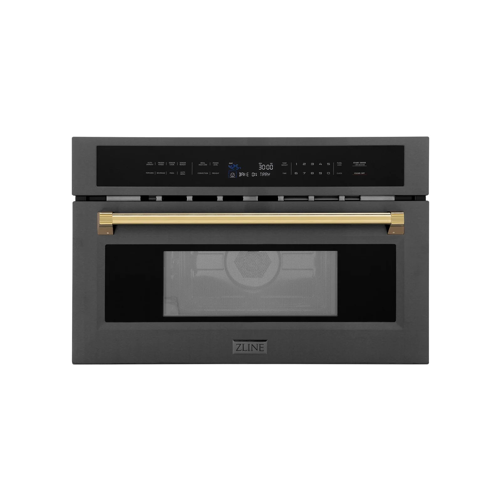 Black stainless built-in single wall oven with control display and gold handle trim