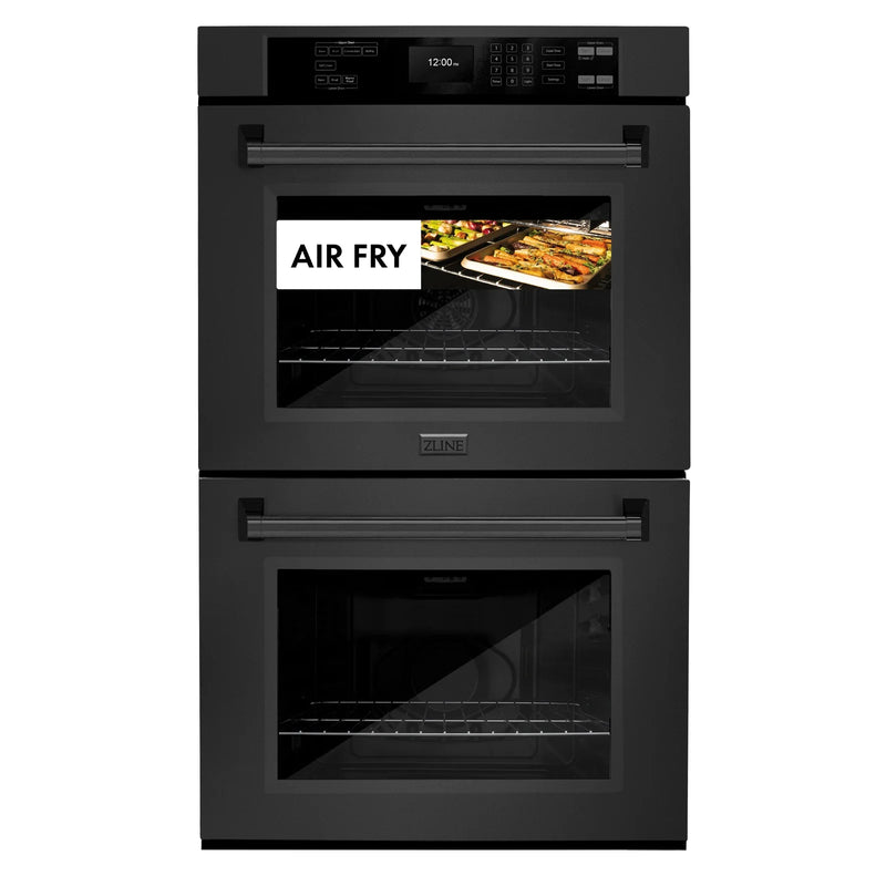 ZLINE 4-Piece Appliance Package - 30-Inch Rangetop with Brass Burners, Refrigerator, 30-Inch Electric Double Wall Oven, and Convertible Wall Mount Hood in Black Stainless Steel (4KPR-RTBRH30-AWD)