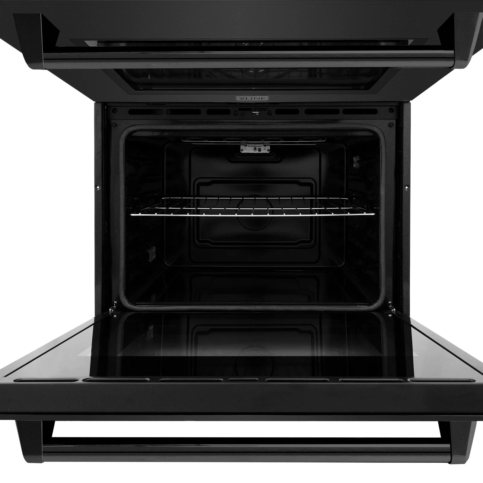 Double wall oven with door opened and upper rack extended inside