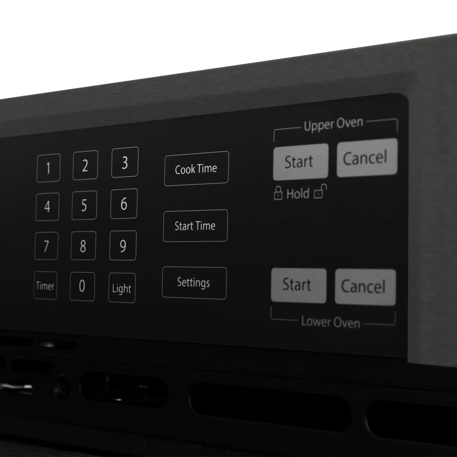 Black double wall oven control panel with keypad and Start/Cancel buttons
