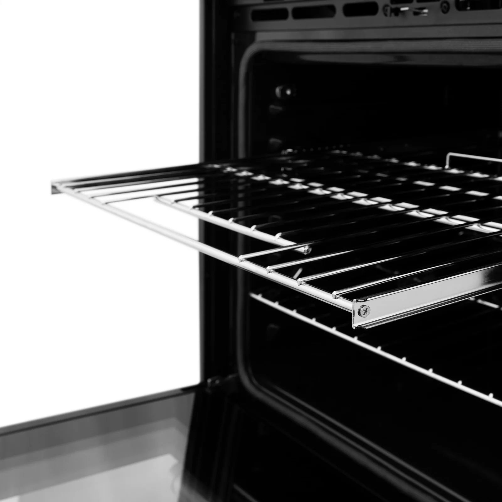 Double wall oven interior with pull-out rack and wire shelves