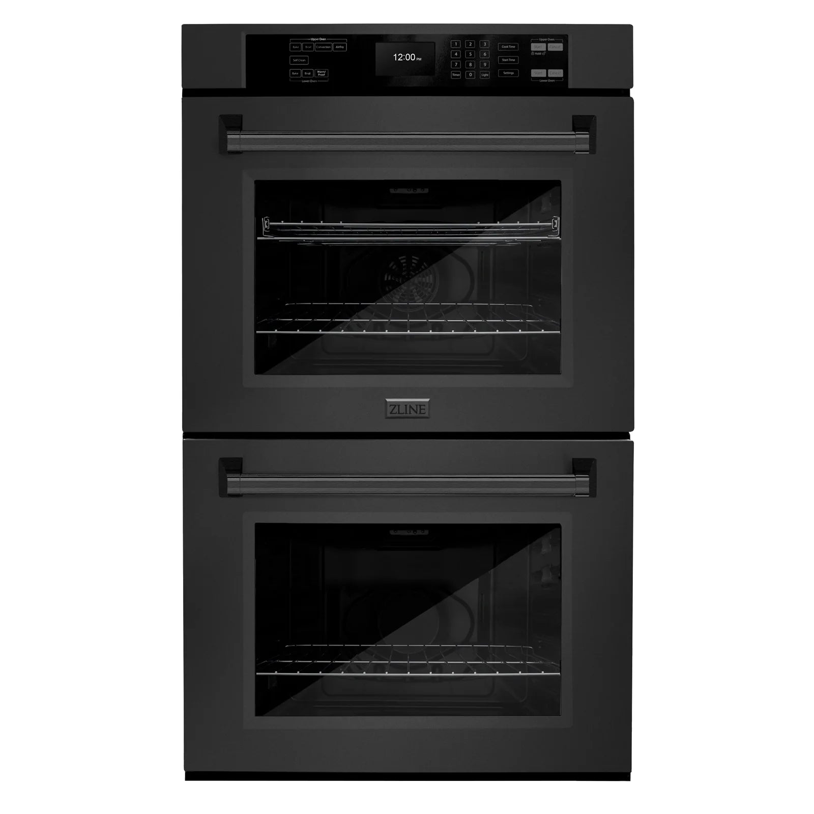 Black double wall oven with two stacked glass doors and visible oven racks