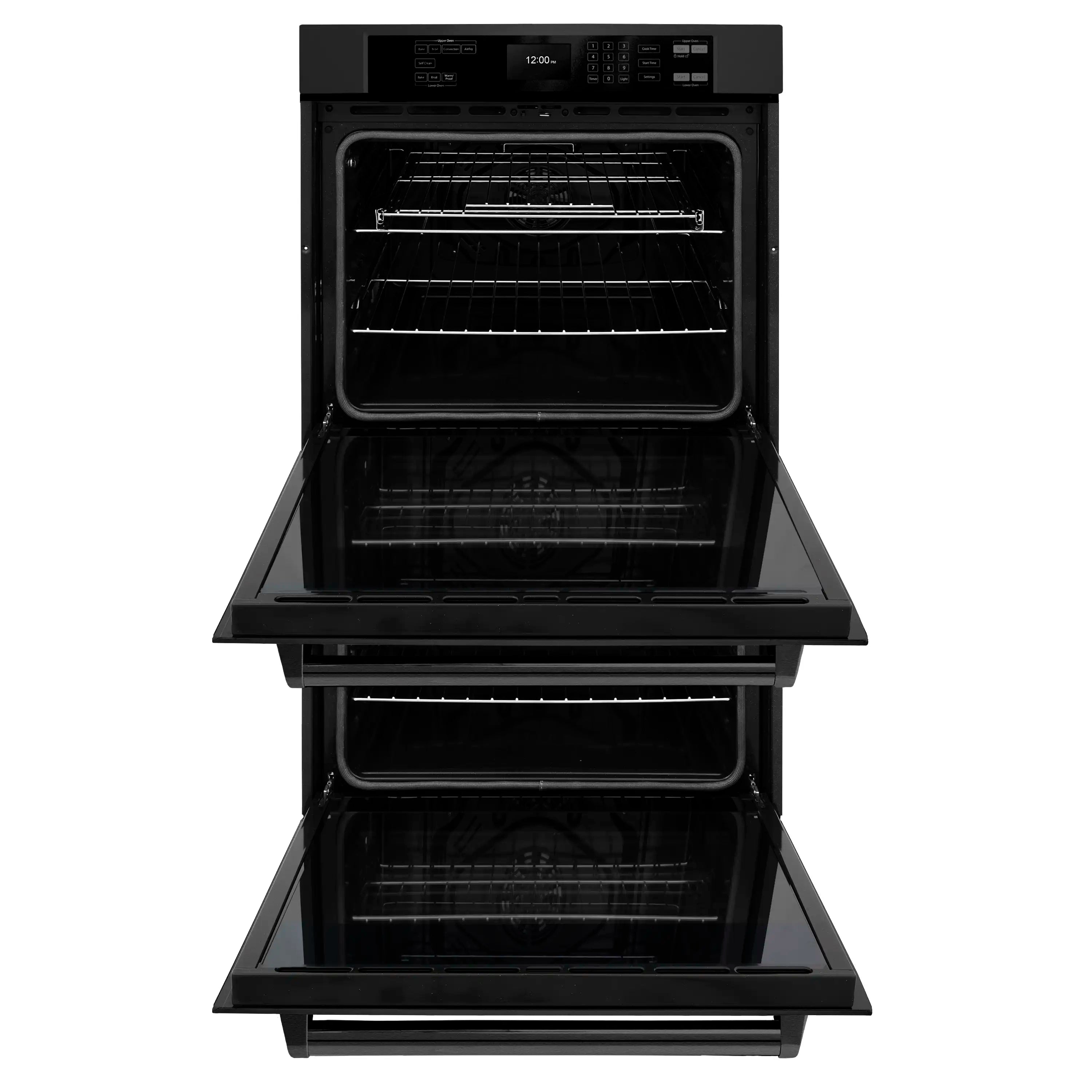 Black stainless double wall oven with both upper and lower racks visible through open doors