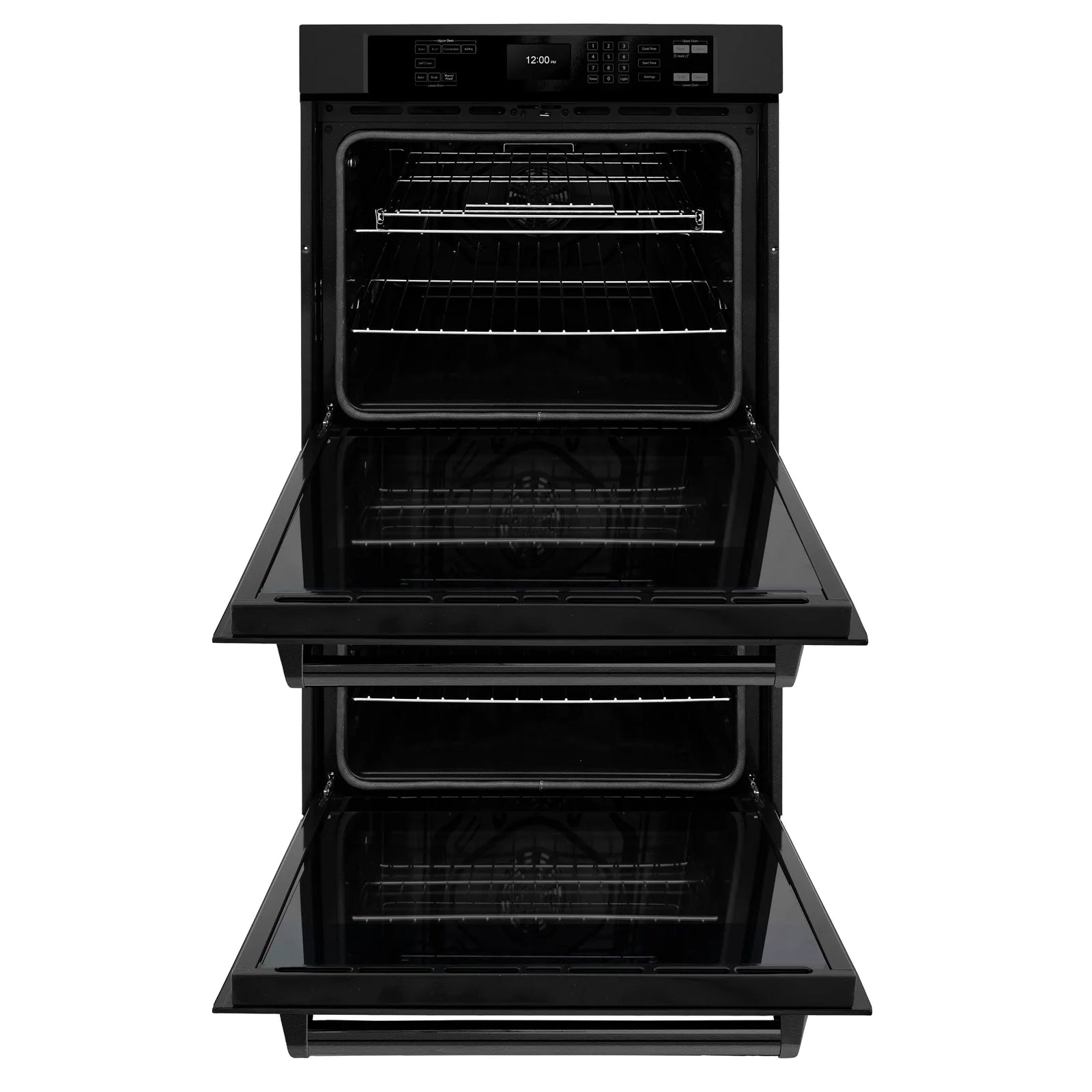 Black double wall oven with both doors open and racks inside