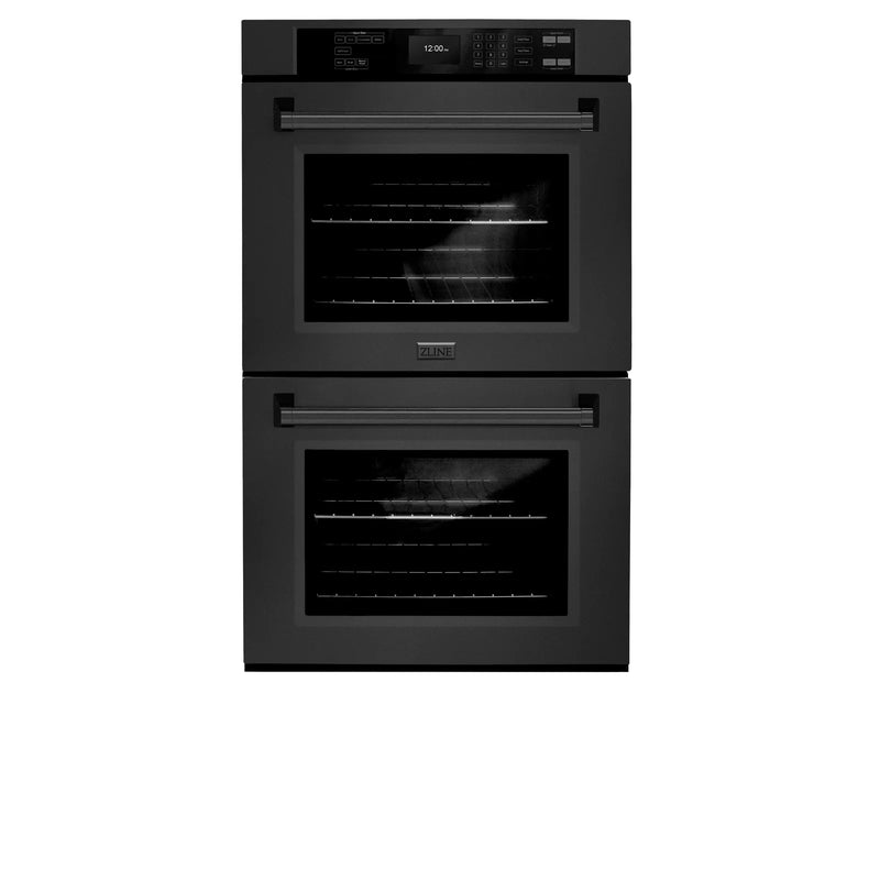 ZLINE 4-Piece Appliance Package - 48-Inch Rangetop with Brass Burners, Refrigerator, 30-Inch Electric Double Wall Oven, and Convertible Wall Mount Hood in Black Stainless Steel (4KPR-RTBRH48-AWD)