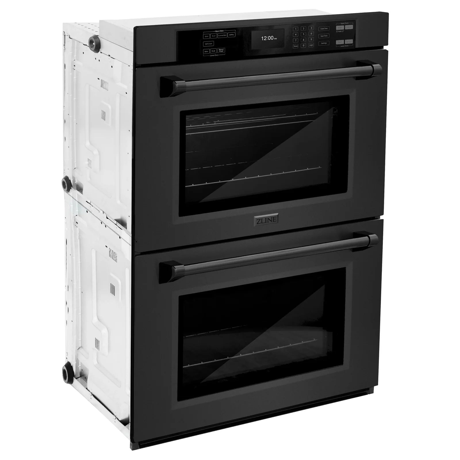 Black double wall oven with side access panels and two oven doors