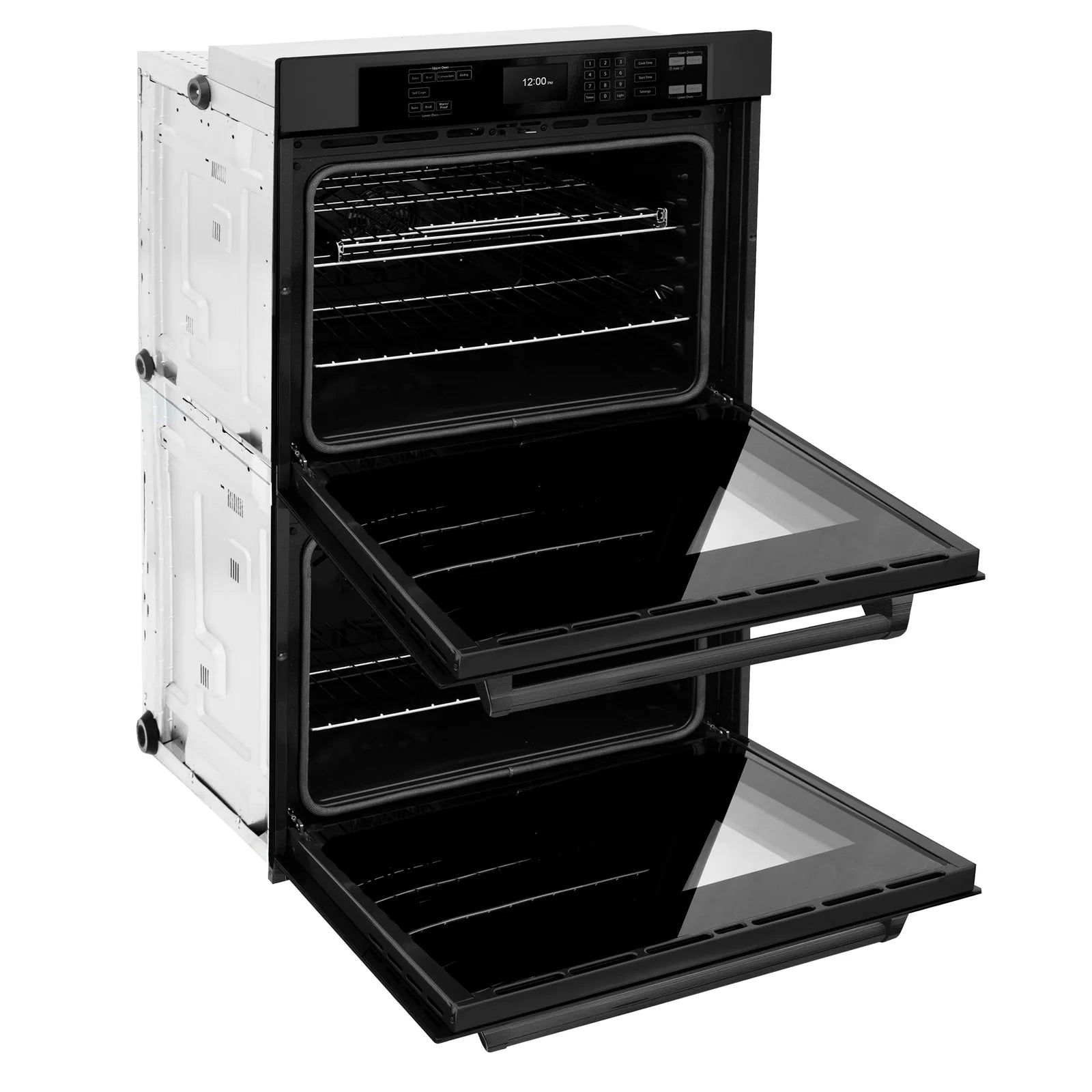 Black double wall oven with upper door open and two interior baking racks