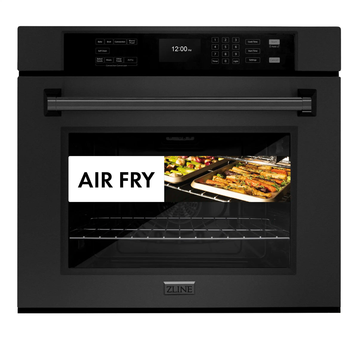 Black wall oven window view of roasted food on a baking tray
