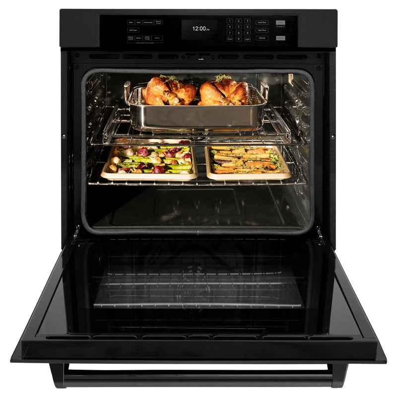 ZLINE 5-Piece Appliance Package - 30-Inch Rangetop with Brass Burners, Refrigerator, 30-Inch Electric Wall Oven, 3-Rack Dishwasher, and Convertible Wall Mount Hood in Black Stainless Steel (5KPR-RTBRH30-AWSDWV)