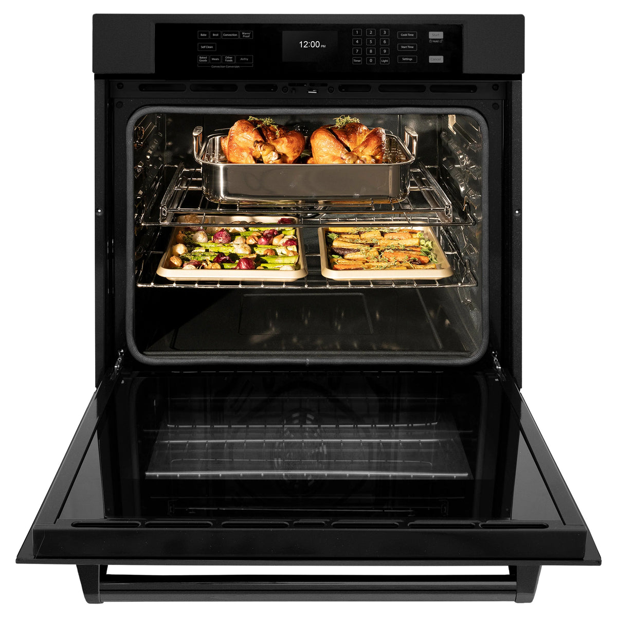 Black electric wall oven with open door, two baking trays and roasted chicken