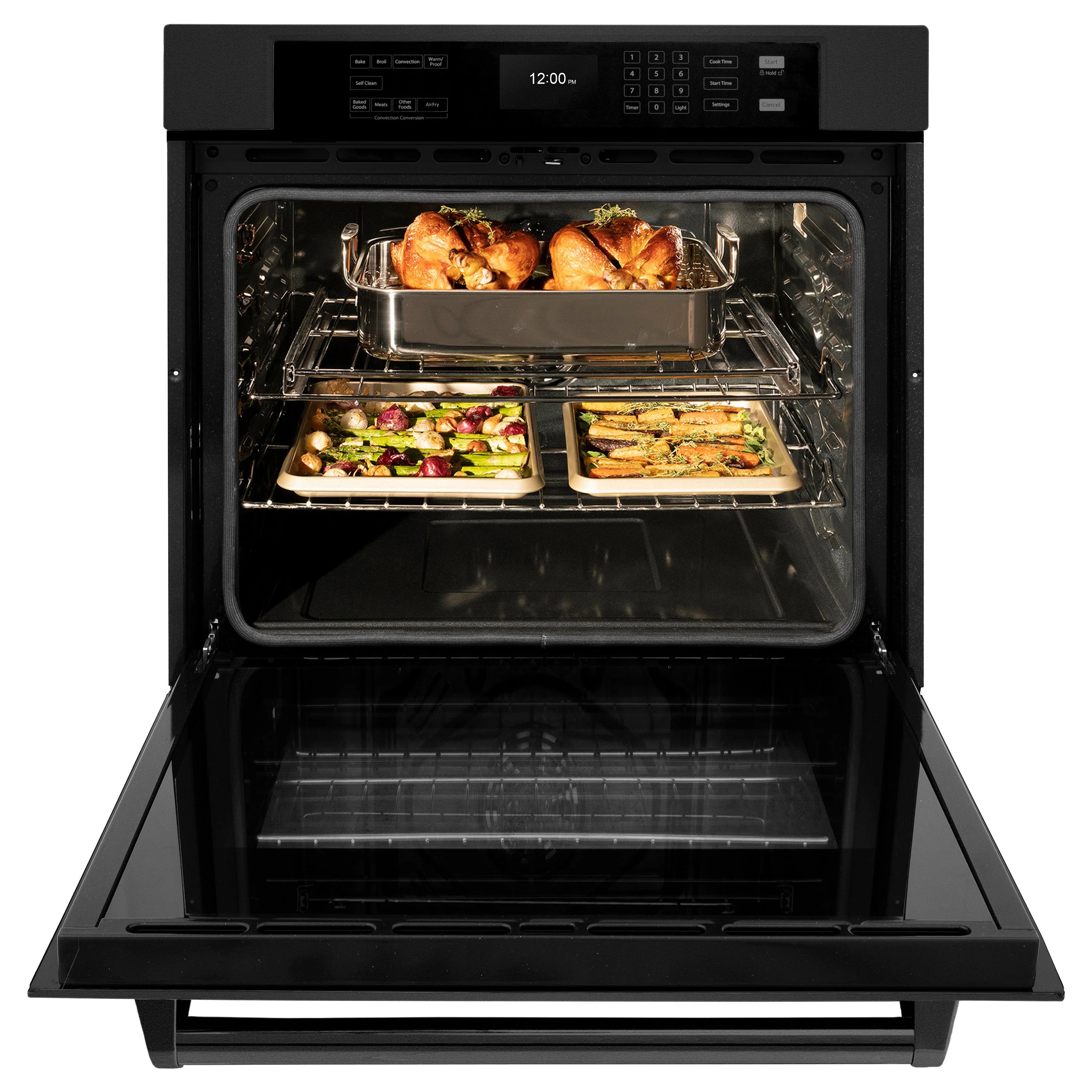 Black electric wall oven with door open, roasting pan and trays inside