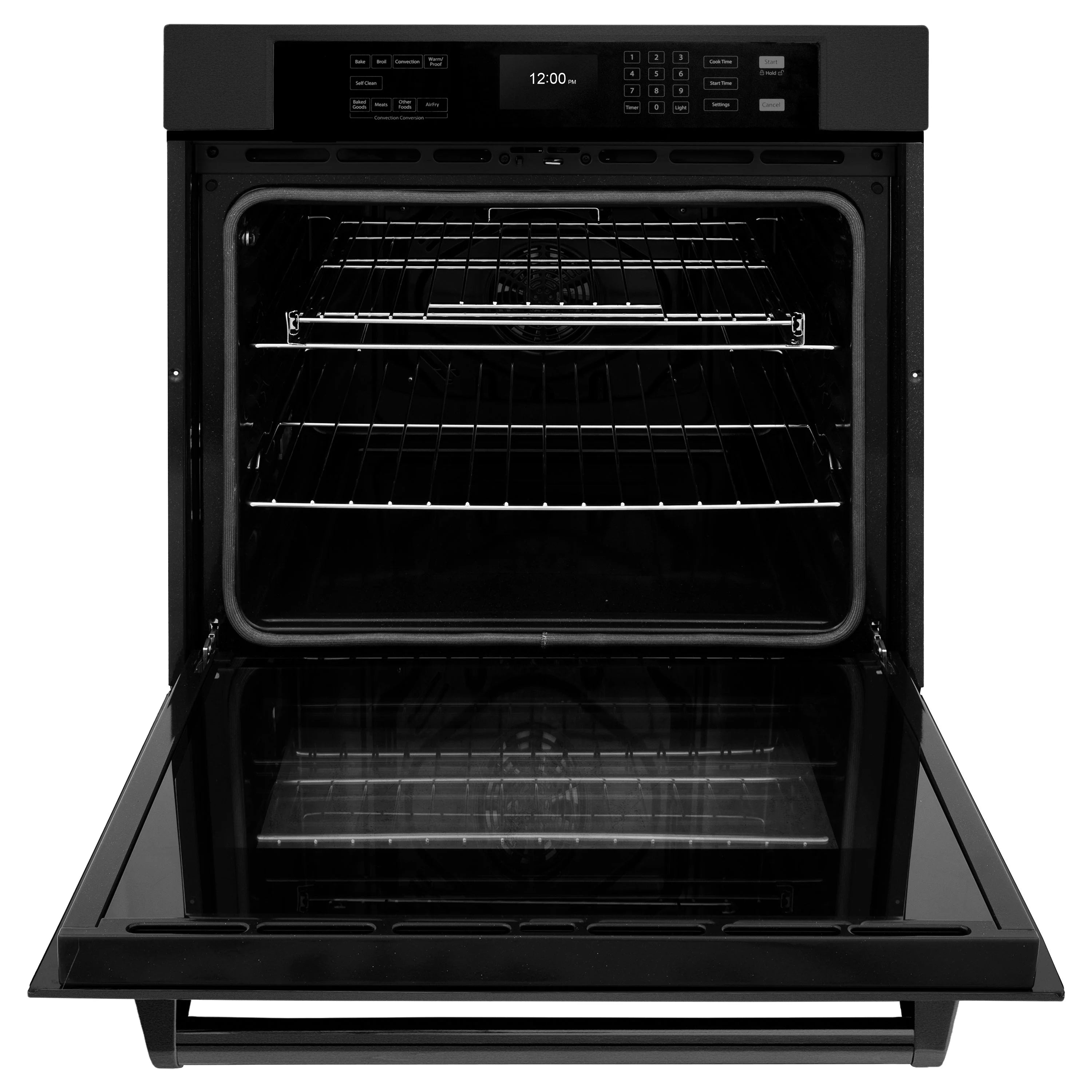 Black electric wall oven with door open, wire rack and lower bake tray visible