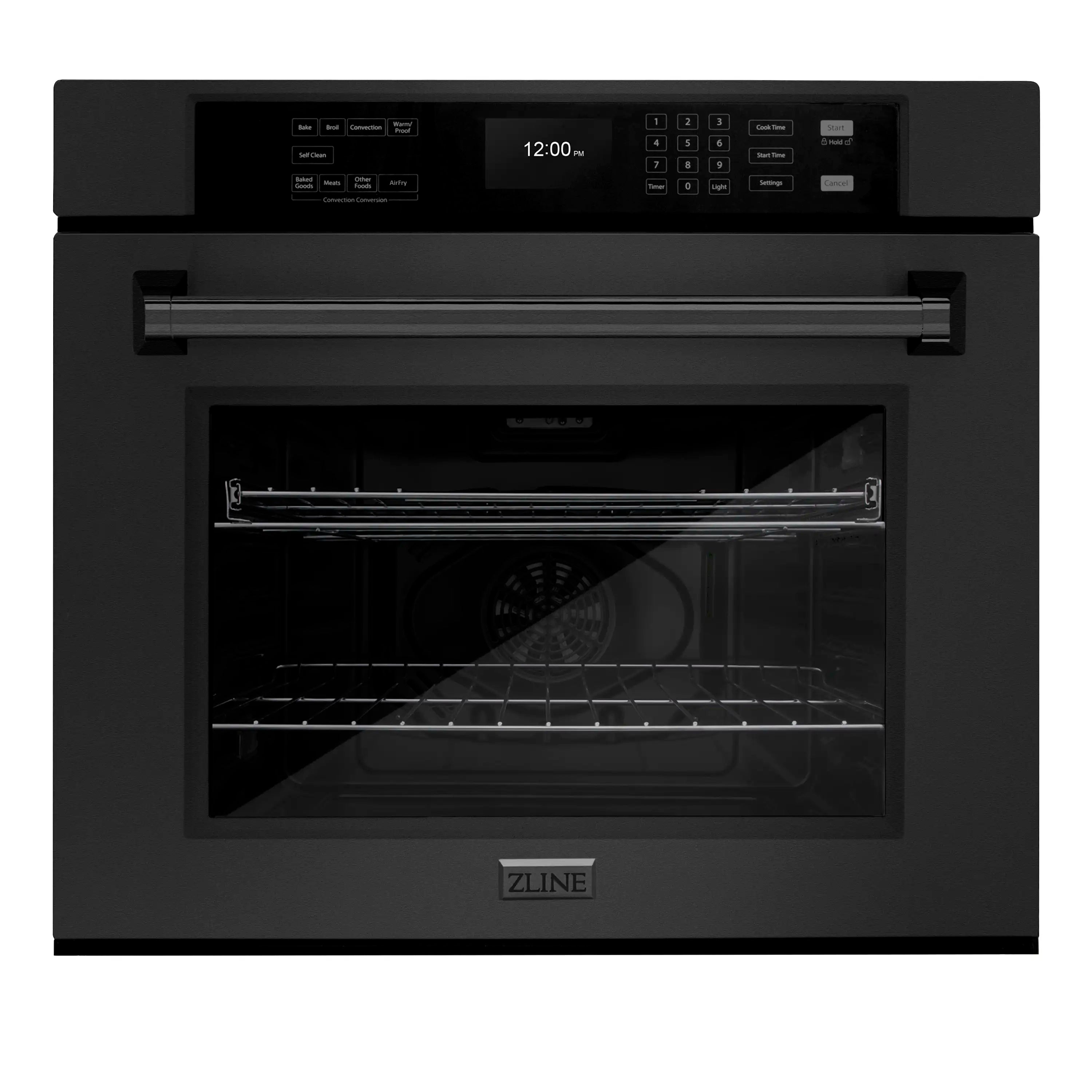 Black stainless steel single wall oven with door open and interior heating chamber
