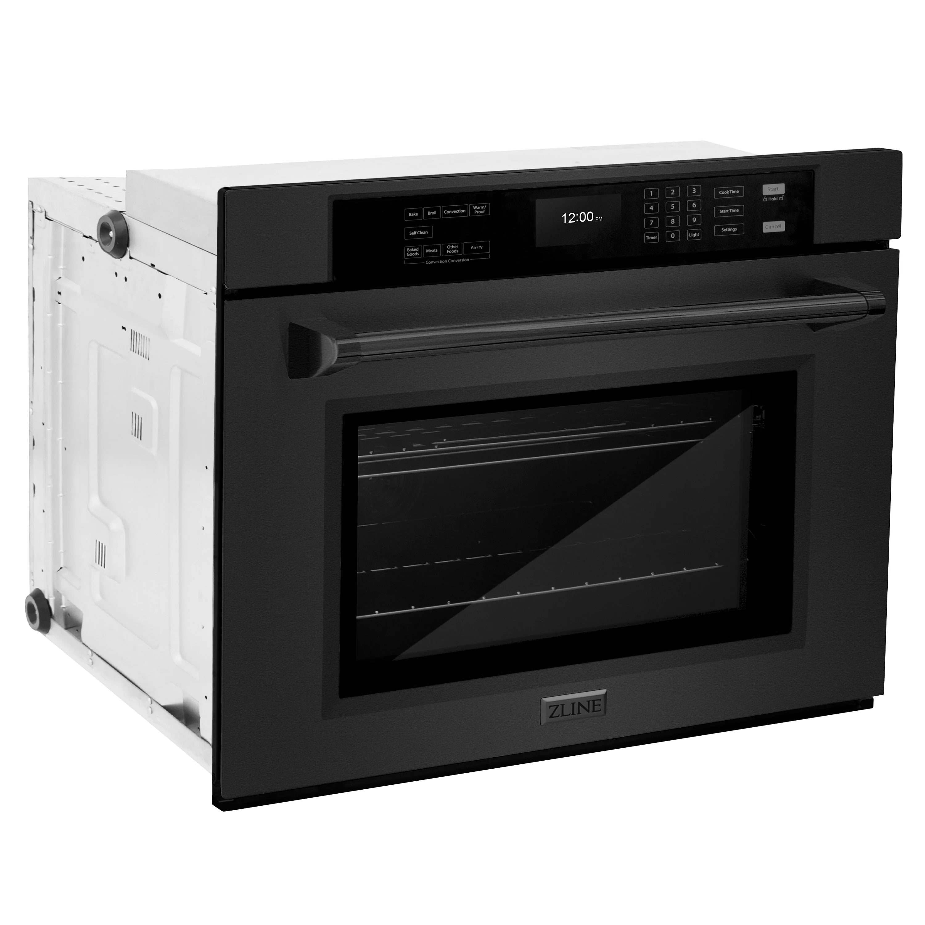 Black electric wall oven front with control panel, door closed, side edges visible