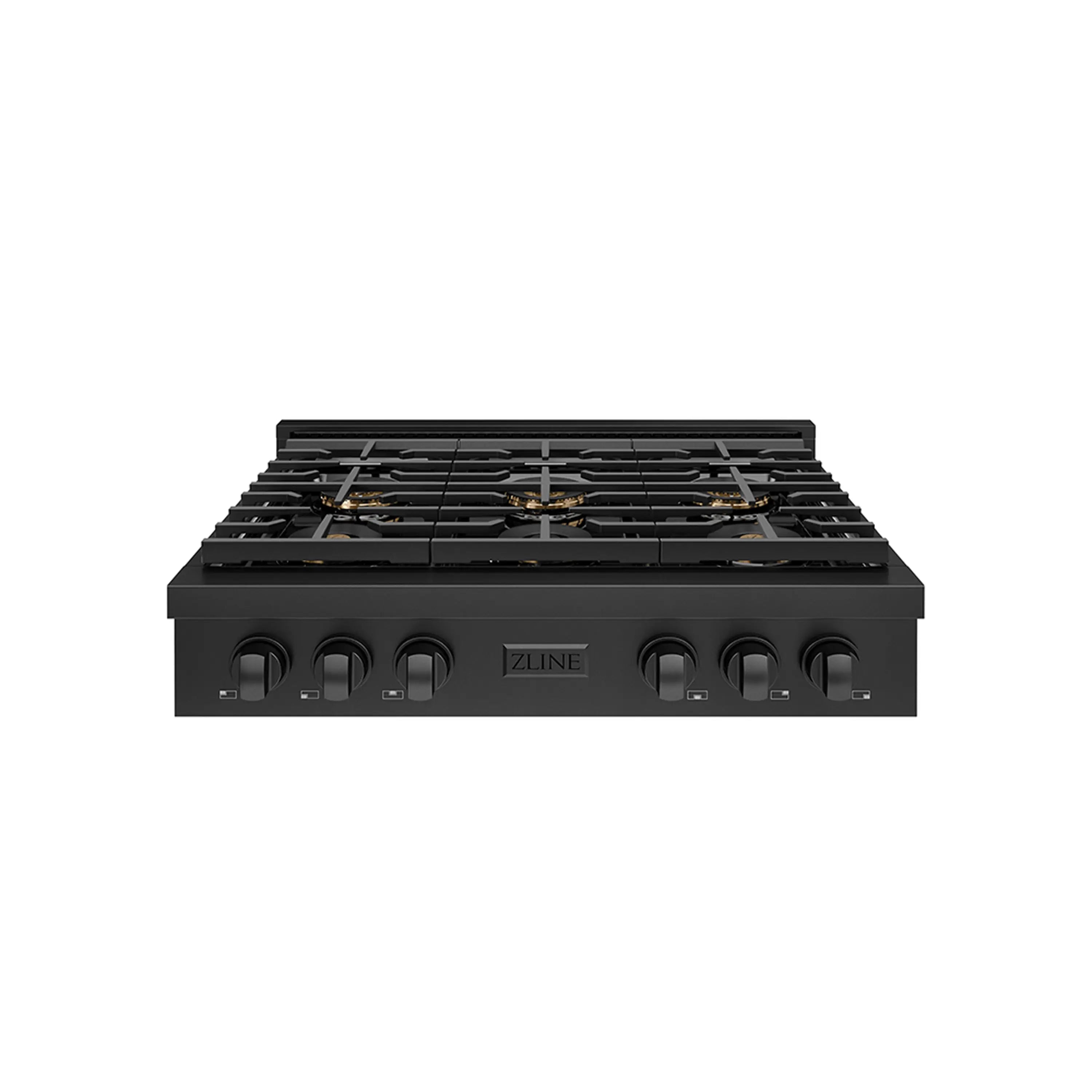 Black 6-burner gas rangetop with grates and front control panel