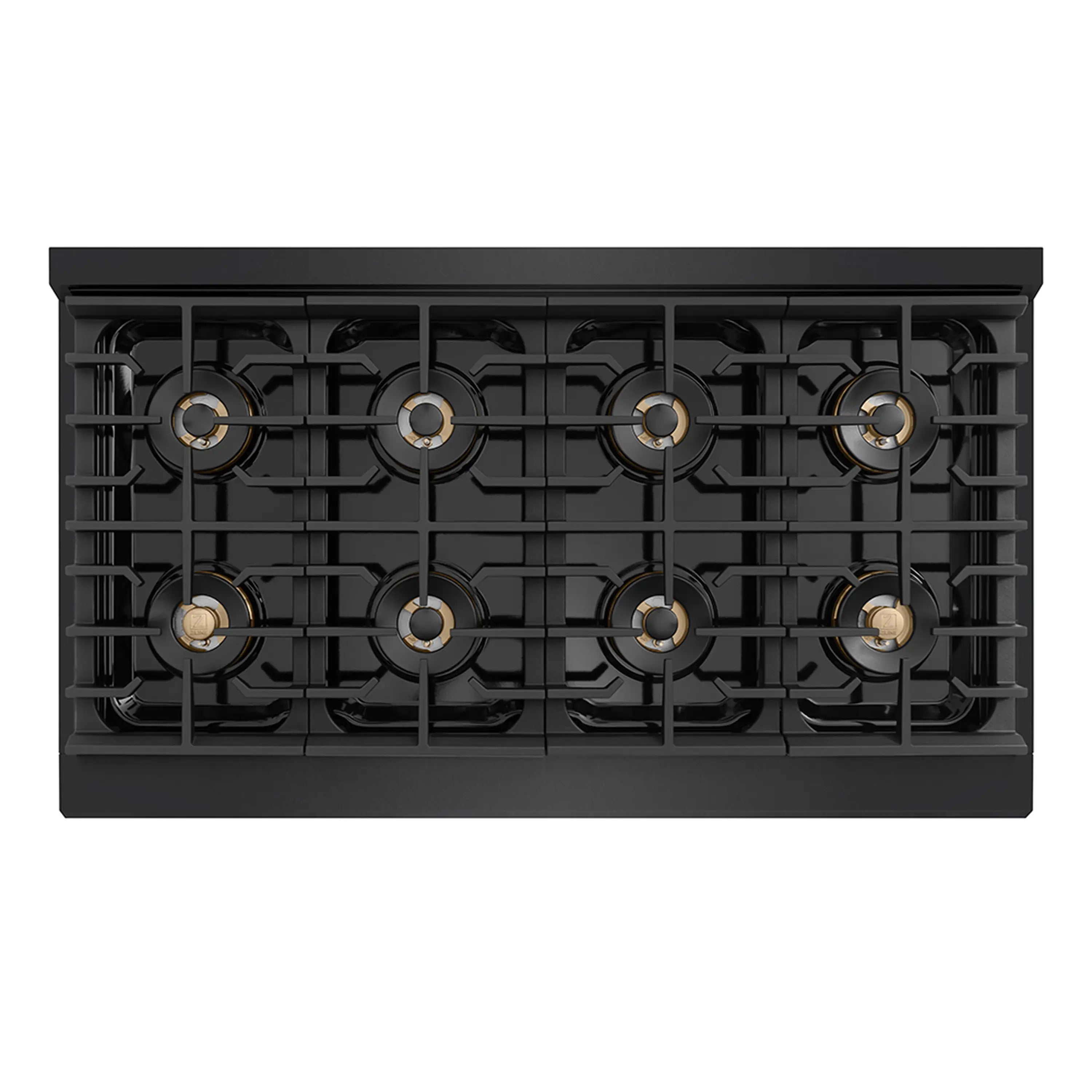 Black gas rangetop top view with eight burners and cast grates