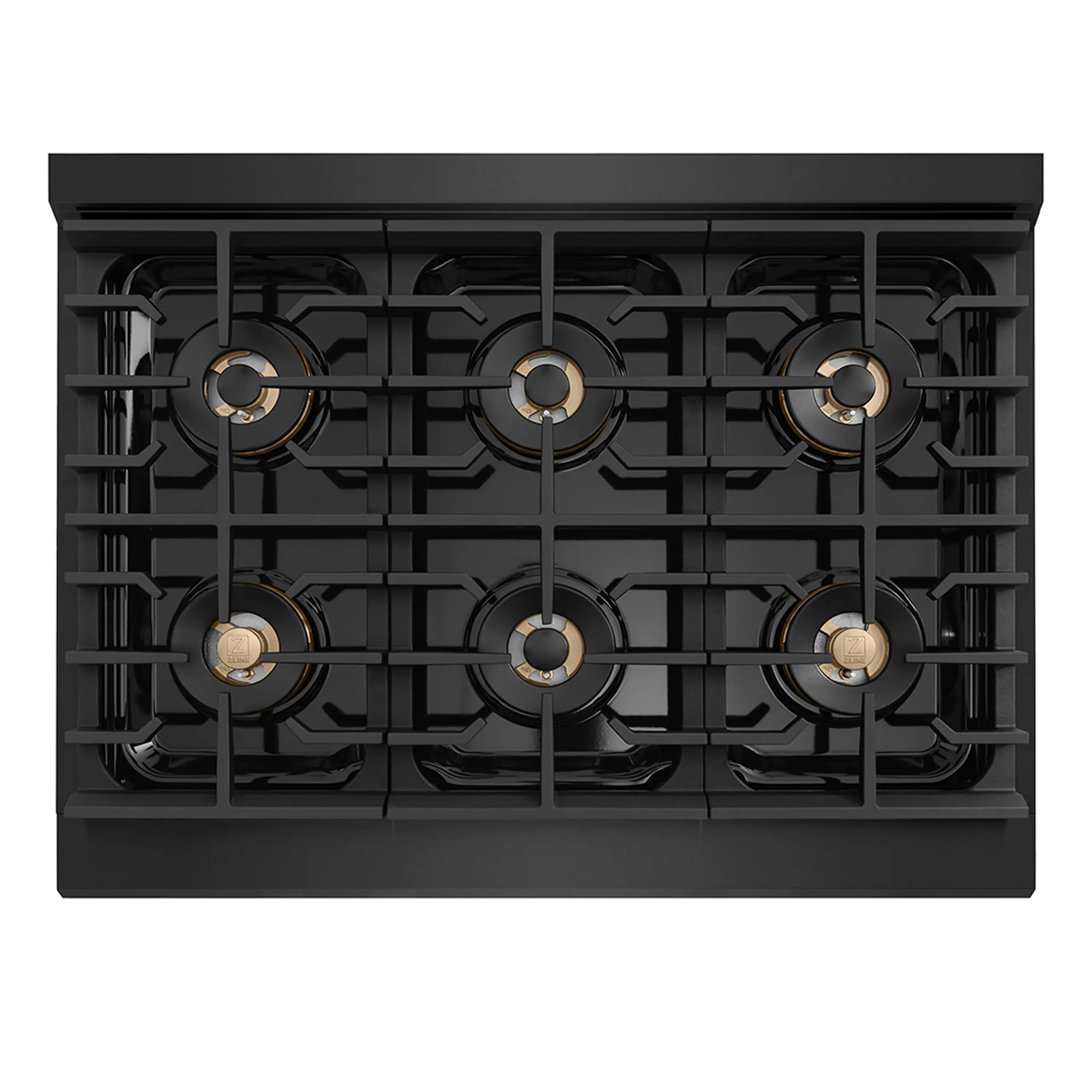 Overhead view of black gas cooktop with six burners and cast iron grates