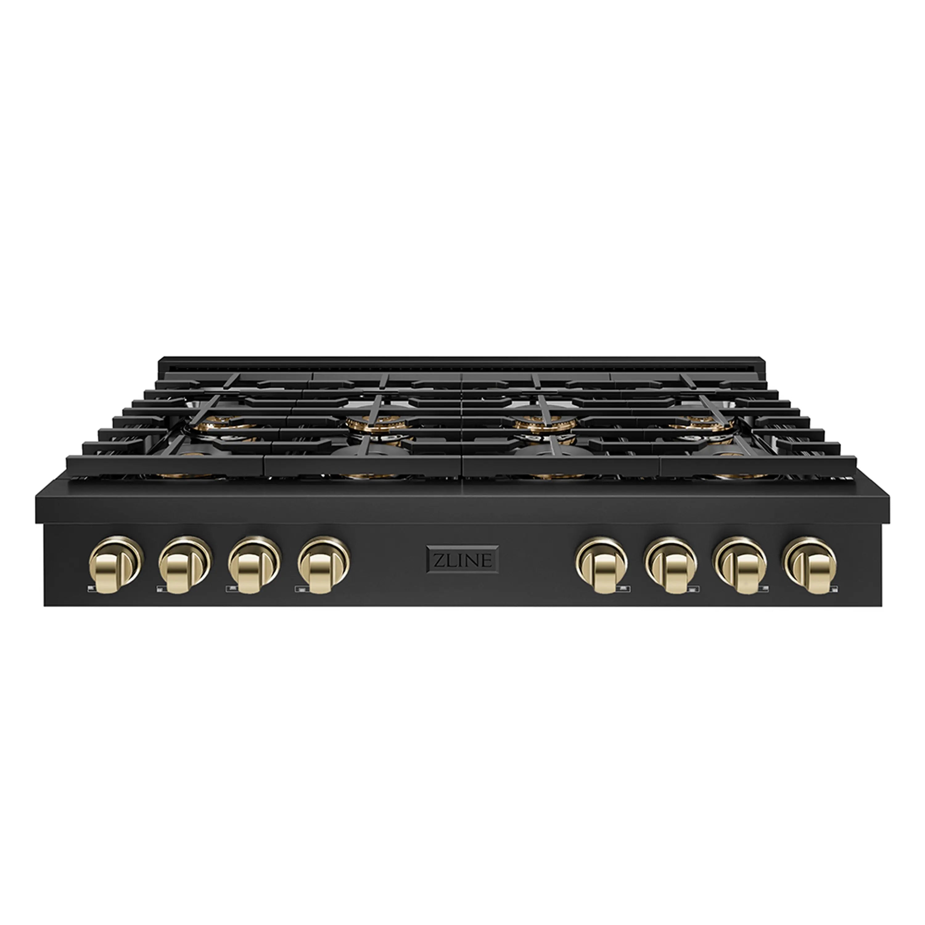 Black 48-inch gas rangetop with 8 burners, gold knobs, and ZLINE center logo