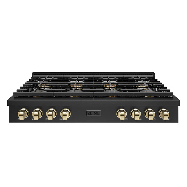 ZLINE Autograph Edition 48-Inch Paramount Gas Rangetop with 8 Burner DuoPro™ Cooktop in Black Stainless Steel and Polished Gold Accents (PSRTBZ-48-G)