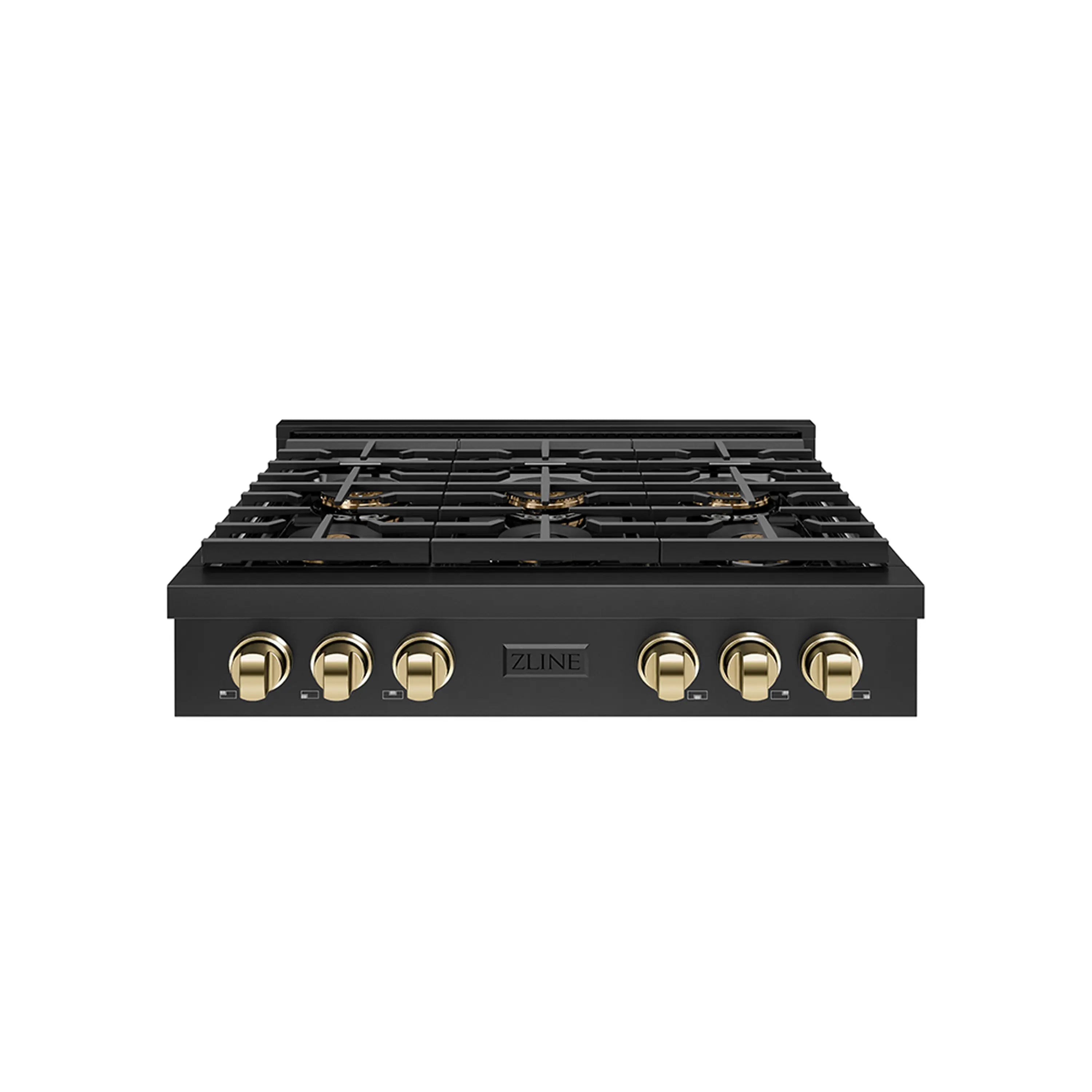Black 6-burner gas rangetop front panel with six gold control knobs