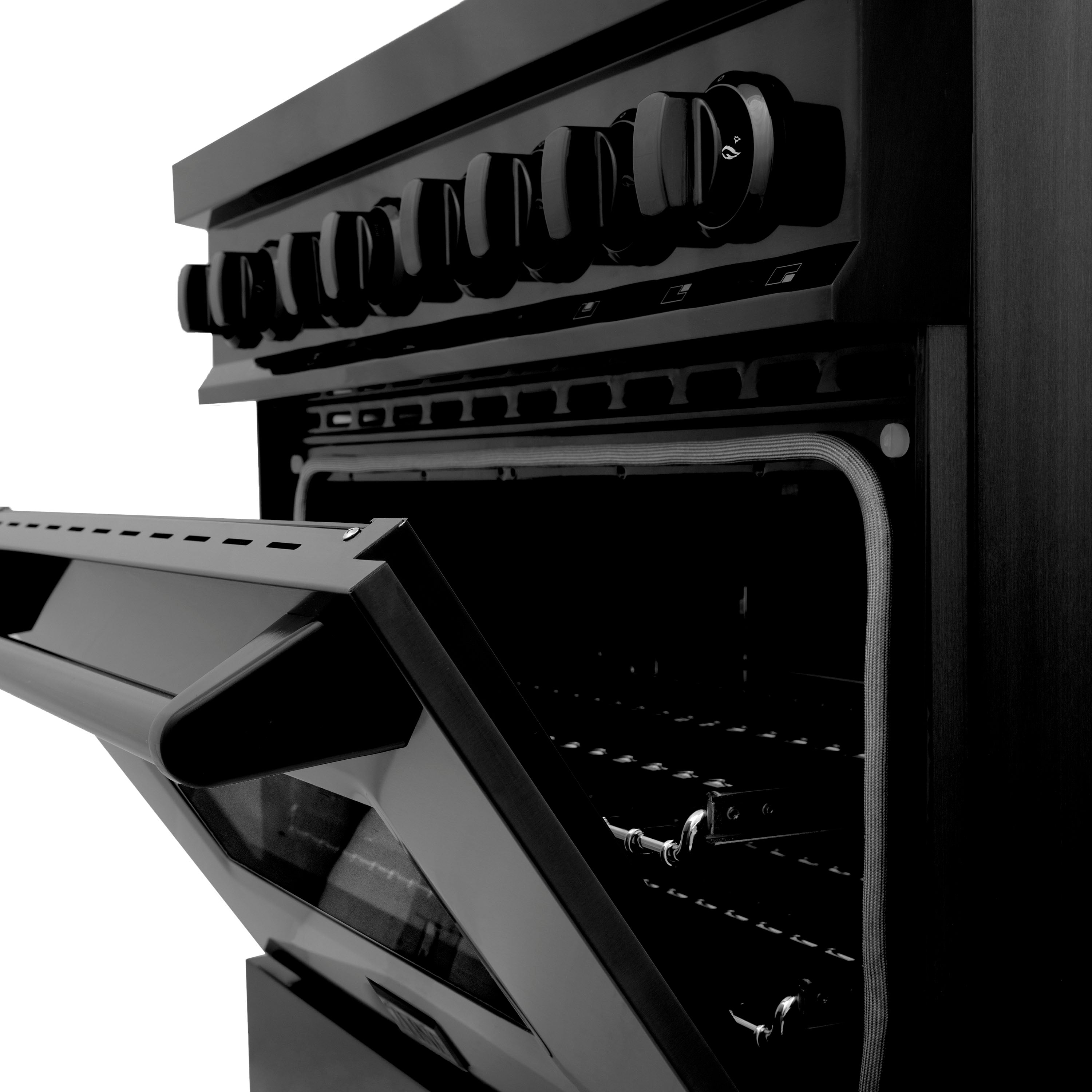 Close-up of black dual-fuel range oven window, door handle and knobs