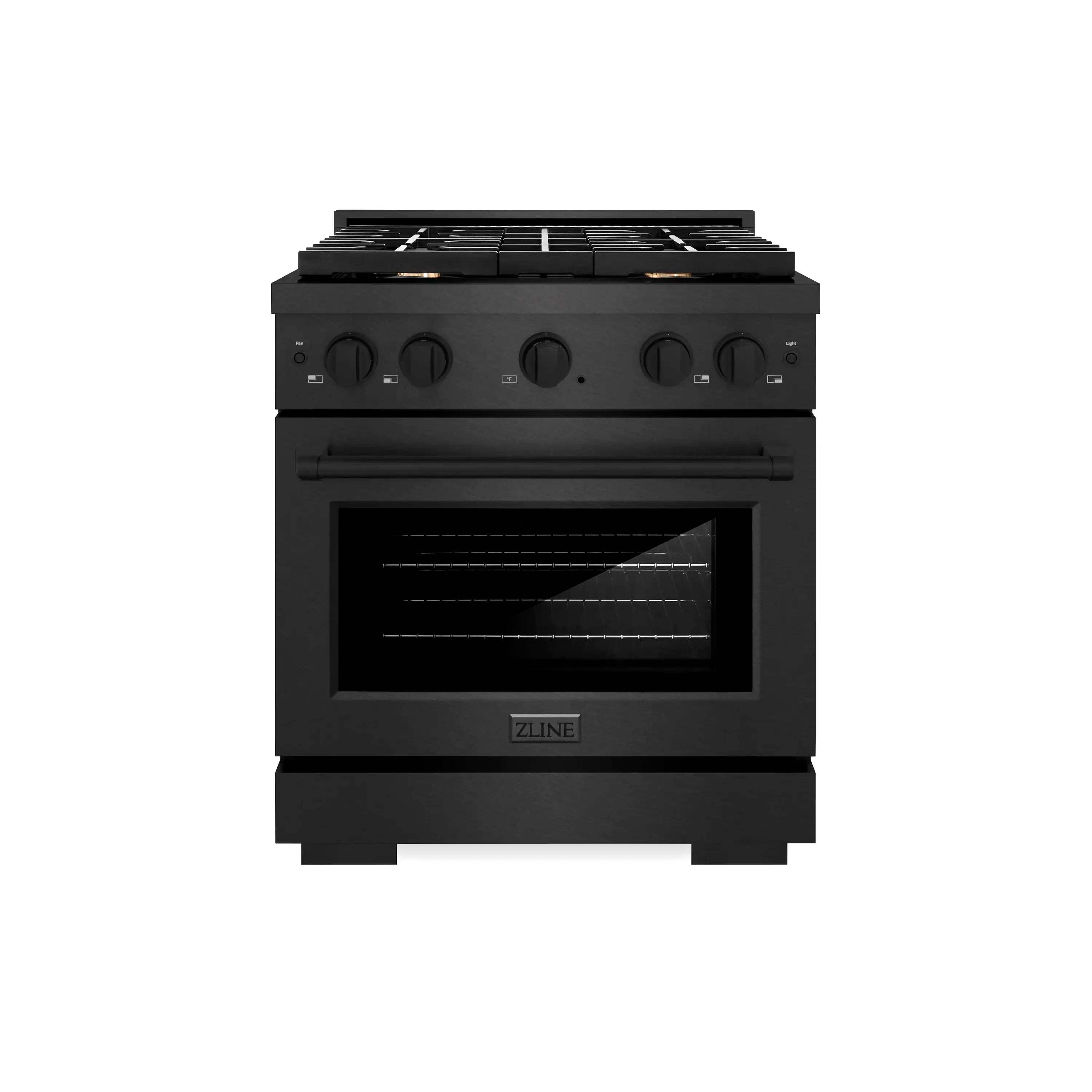 Black satin stainless dual-fuel range with four-burner cooktop and oven door