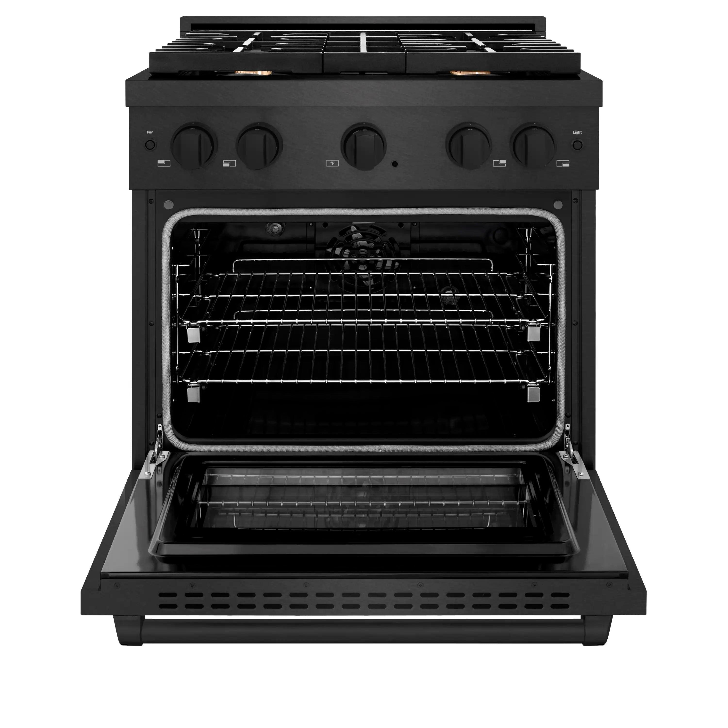 Open oven cavity with wire racks and black interior on a black range