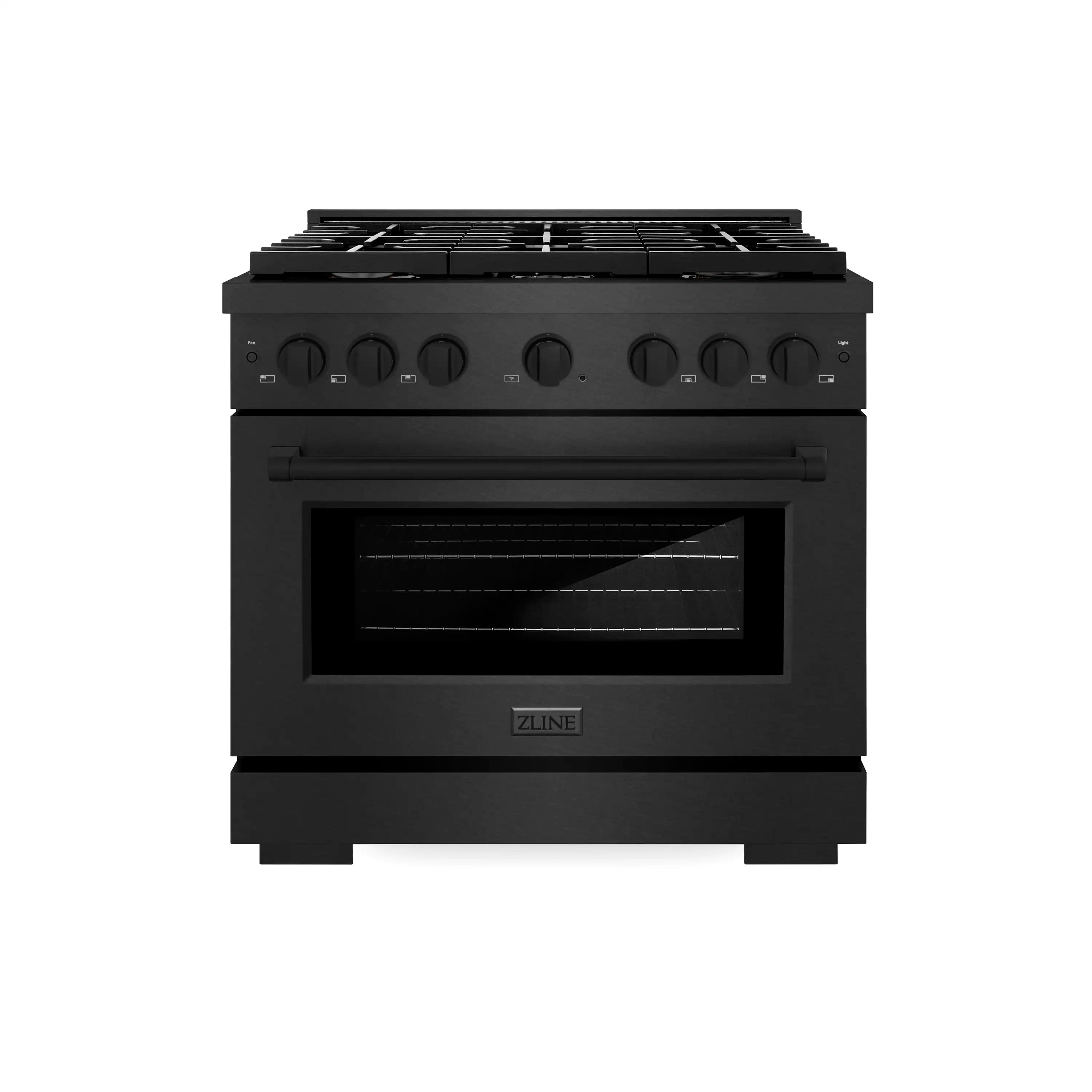 Black dual fuel range with glass oven door and top cooktop grates