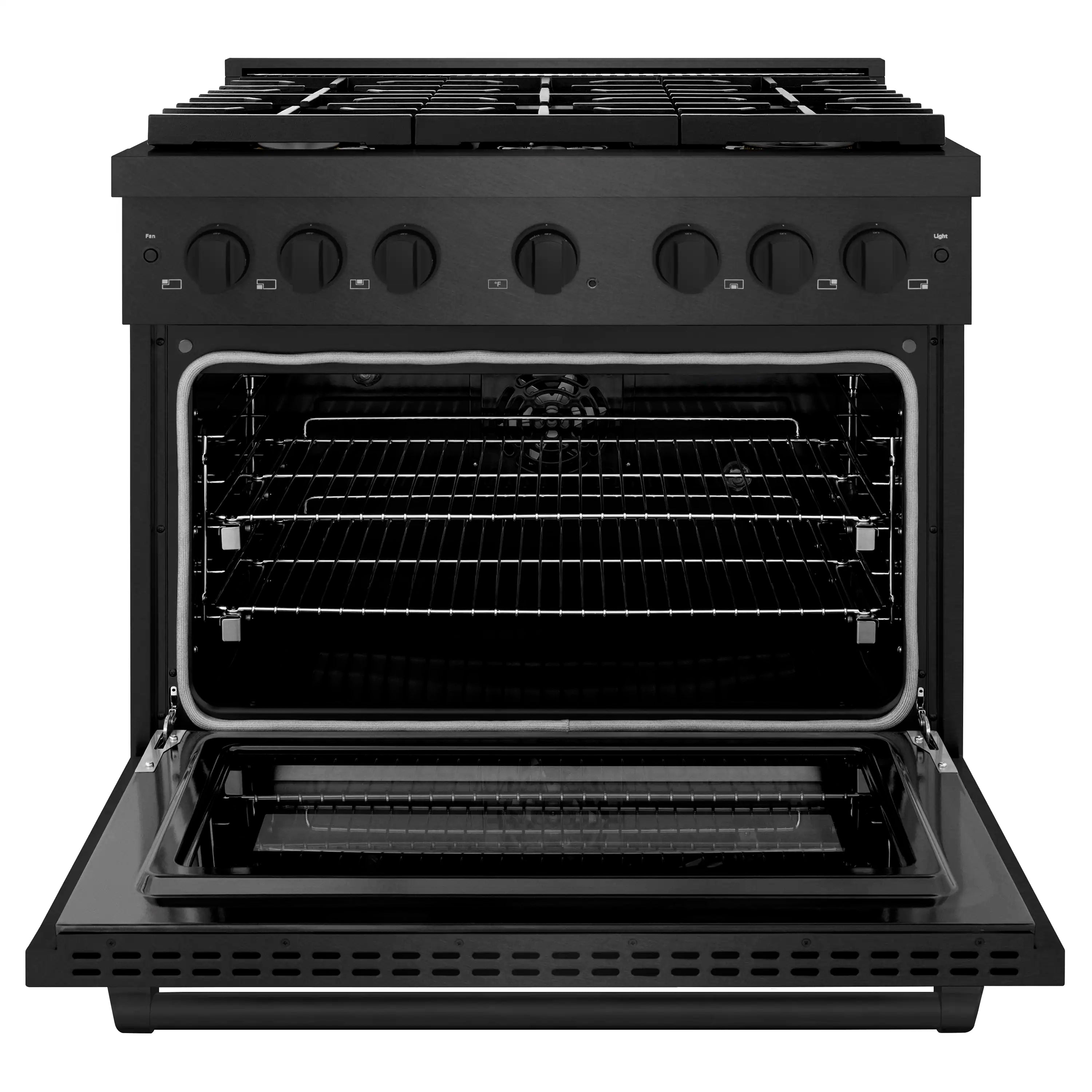 Black oven door open with interior racks and heating elements