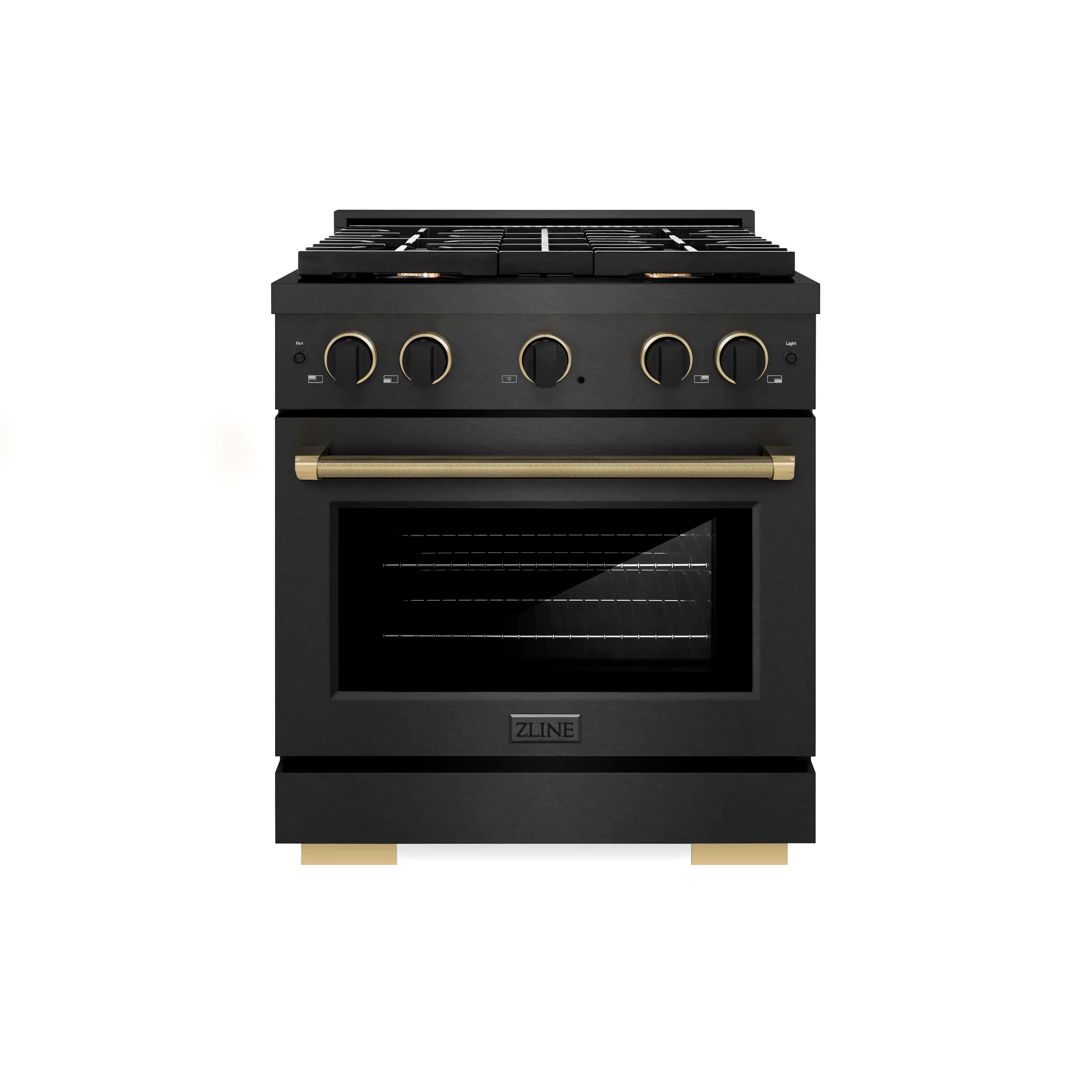 Black satin dual fuel range with four-burner cooktop, knobs, and oven door