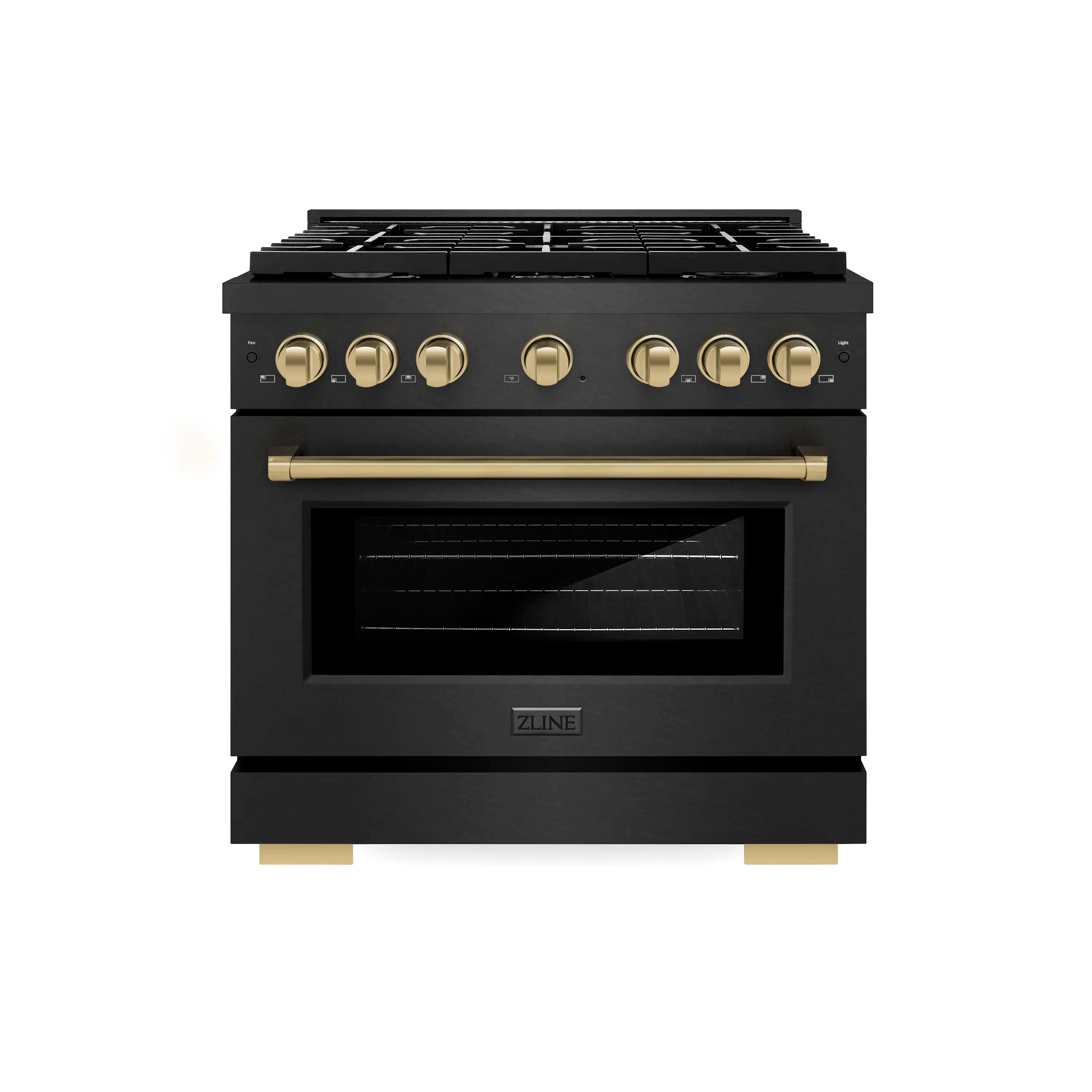 Front view of a black range with gold control knobs and a glass oven window.